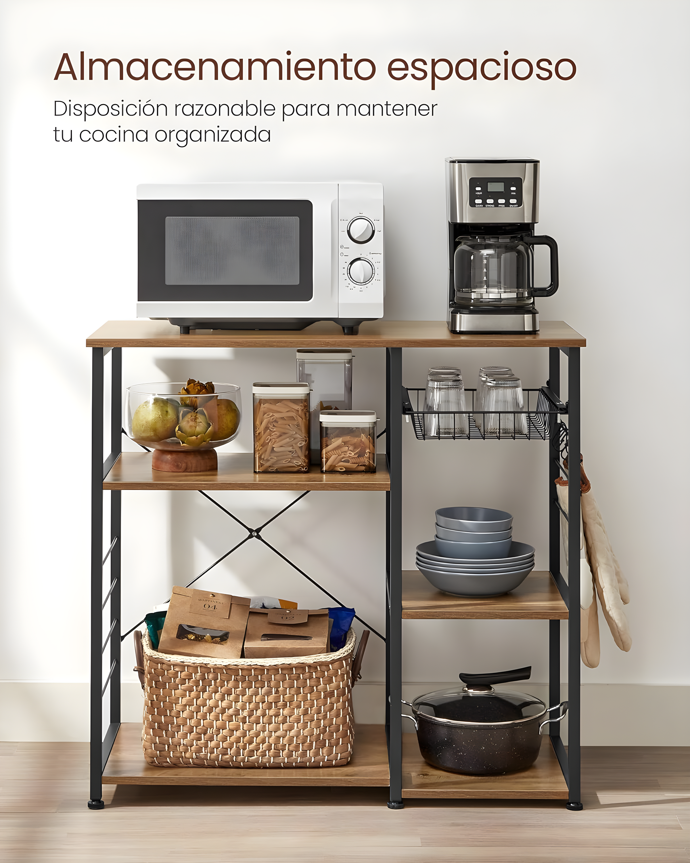 VASAGLE ALINRU Kitchen Baker’s Rack Coffee Bar Microwave Oven Stand 6 Hooks for Mini Oven Rustic Walnut and Black