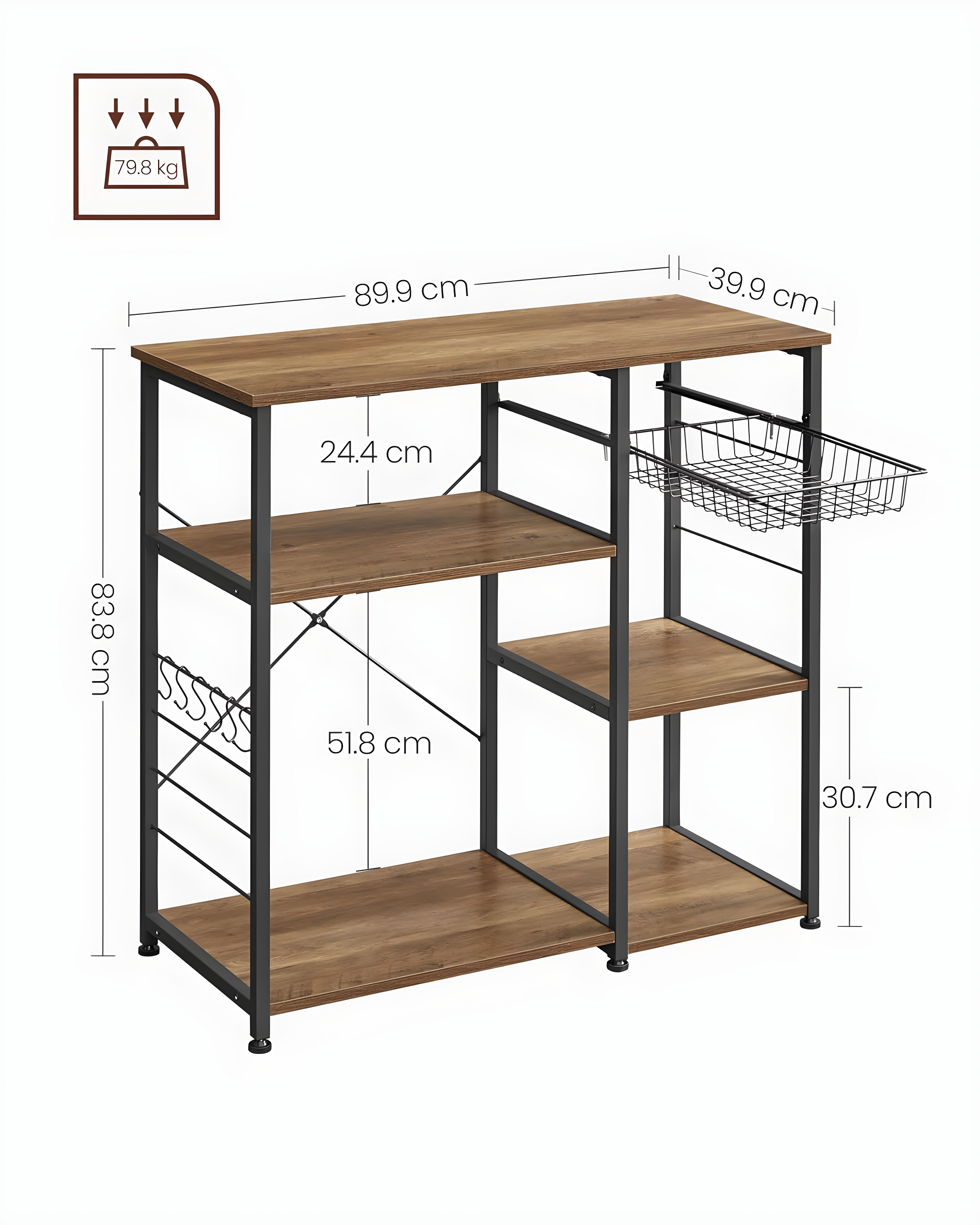 VASAGLE ALINRU Kitchen Baker’s Rack Coffee Bar Microwave Oven Stand 6 Hooks for Mini Oven Rustic Walnut and Black