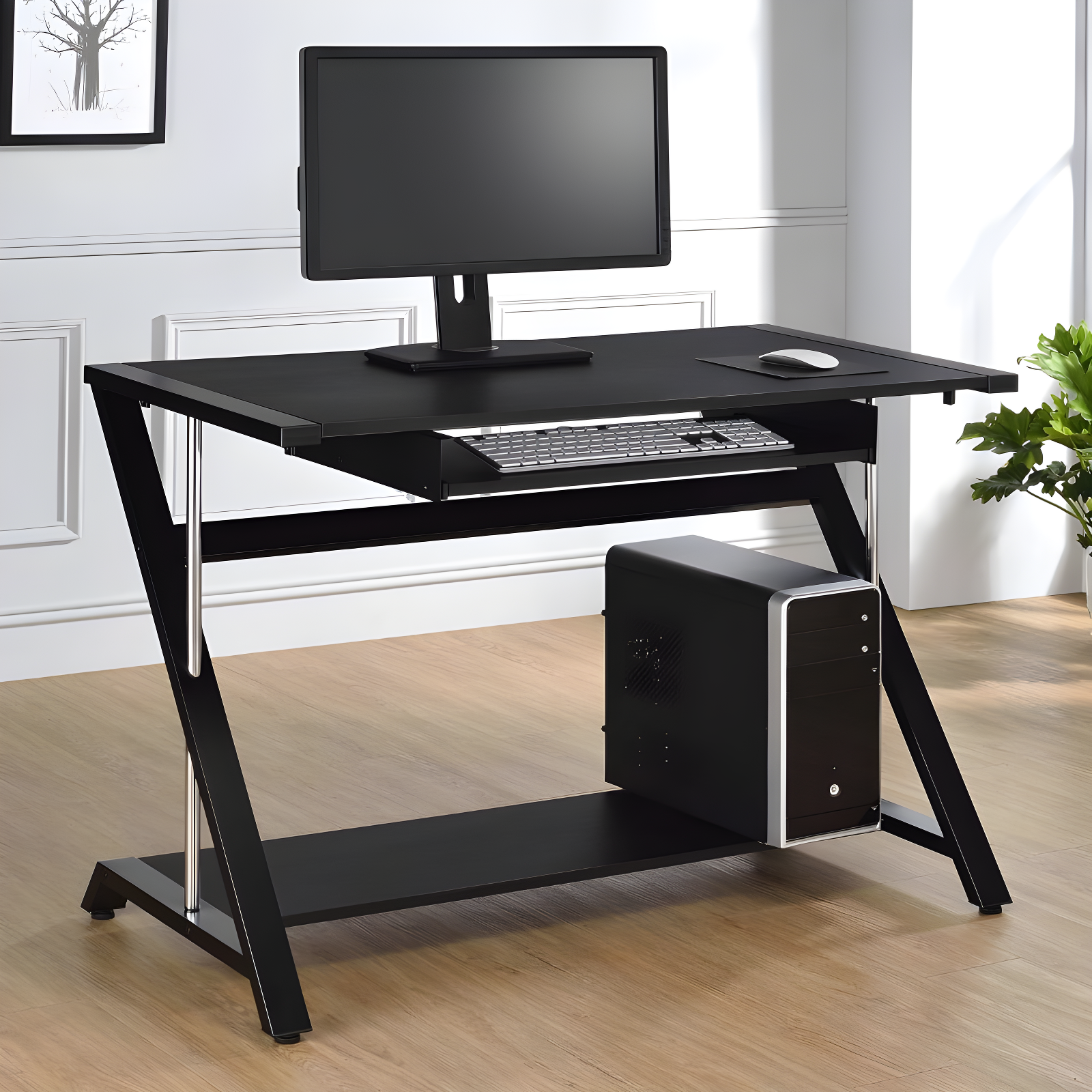 Mallet Computer Desk with Keyboard Tray & Storage Shelf Black - Coaster: Compact, Angled Silhouette, Chrome Detail