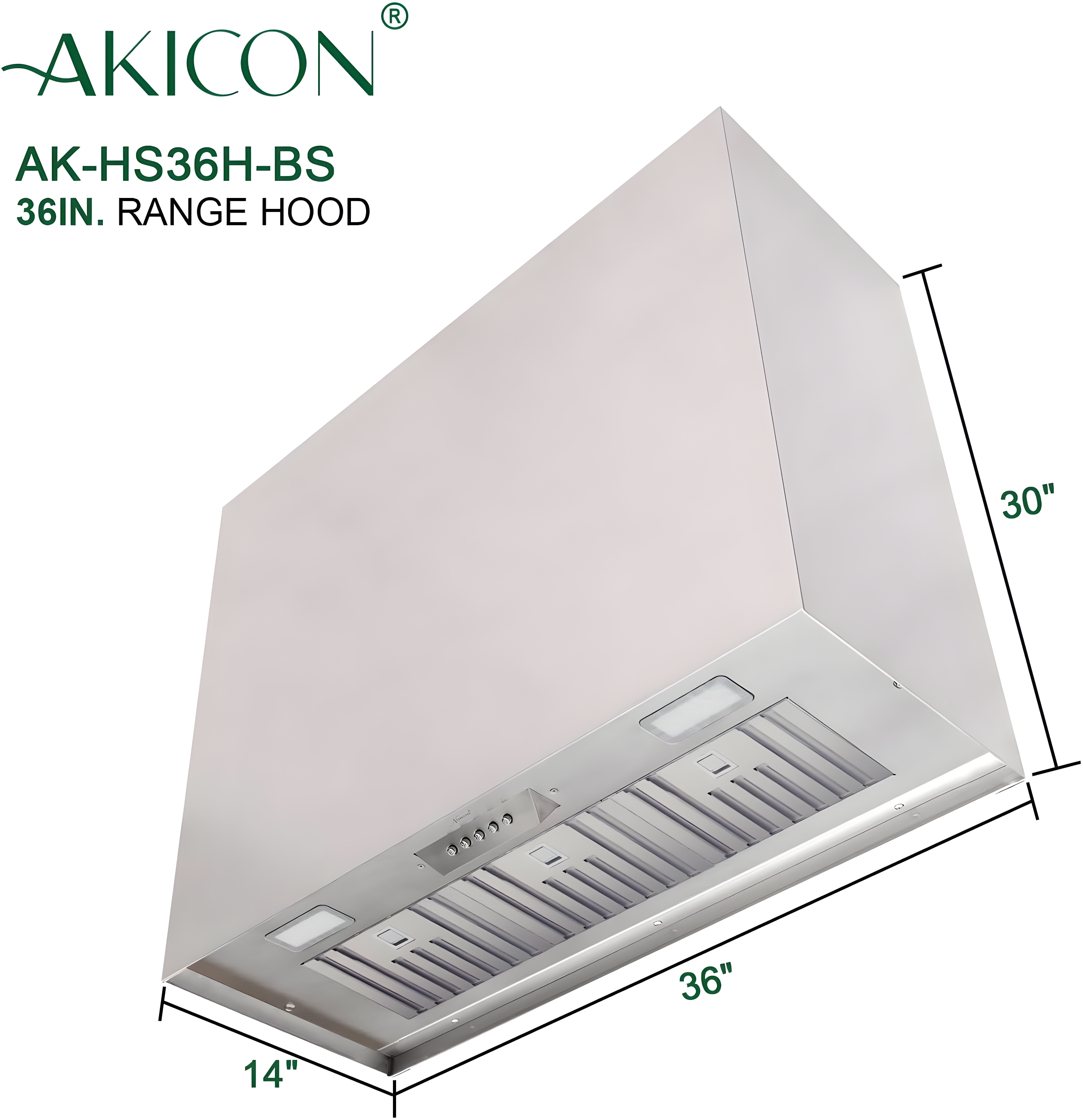 Akicon Stainless Steel Range Hood, Modern Box Kitchen Hood with Powerful Vent Motor, Wall Mount, 36”W*30”H*14D, Brushed Stainless