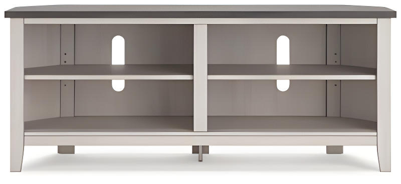 Transitional Two-Tone Corner TV Stand with Shelves and Fireplace
