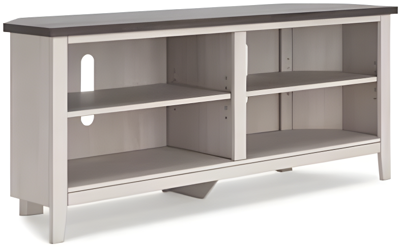 Transitional Two-Tone Corner TV Stand with Shelves and Fireplace