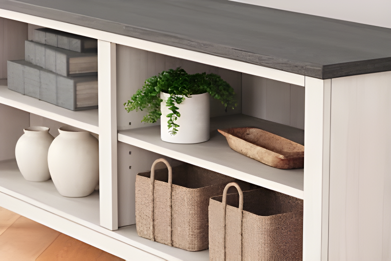 Transitional Two-Tone Corner TV Stand with Shelves and Fireplace