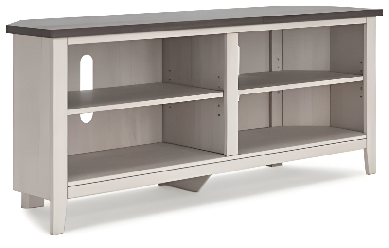 Transitional Two-Tone Corner TV Stand with Shelves and Fireplace