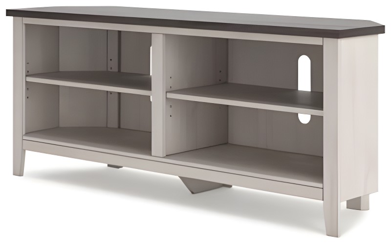 Transitional Two-Tone Corner TV Stand with Shelves and Fireplace