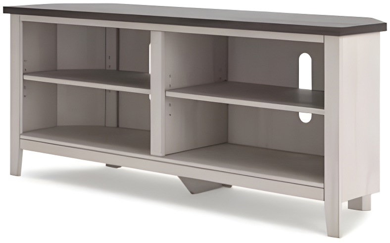 Transitional Two-Tone Corner TV Stand with Shelves and Fireplace