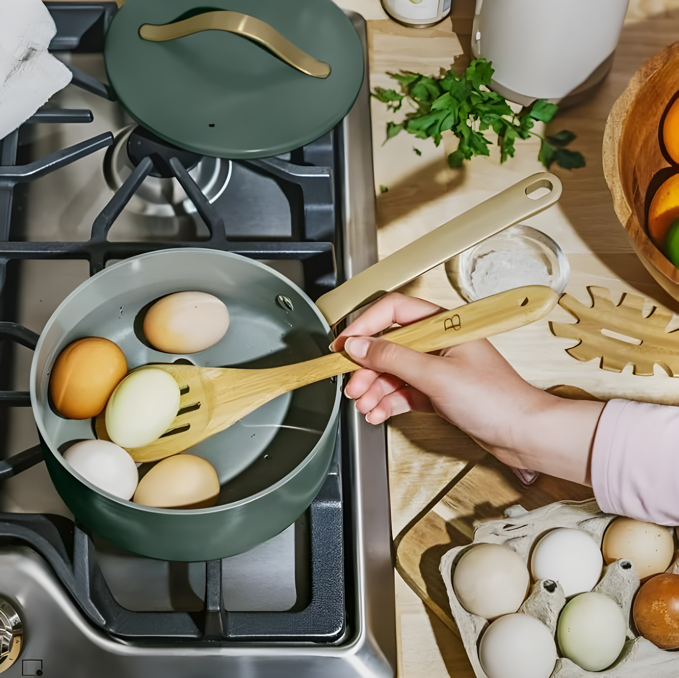 Beautiful 12pc Ceramic Non-Stick Cookware Set, Sage Green by Drew Barrymore