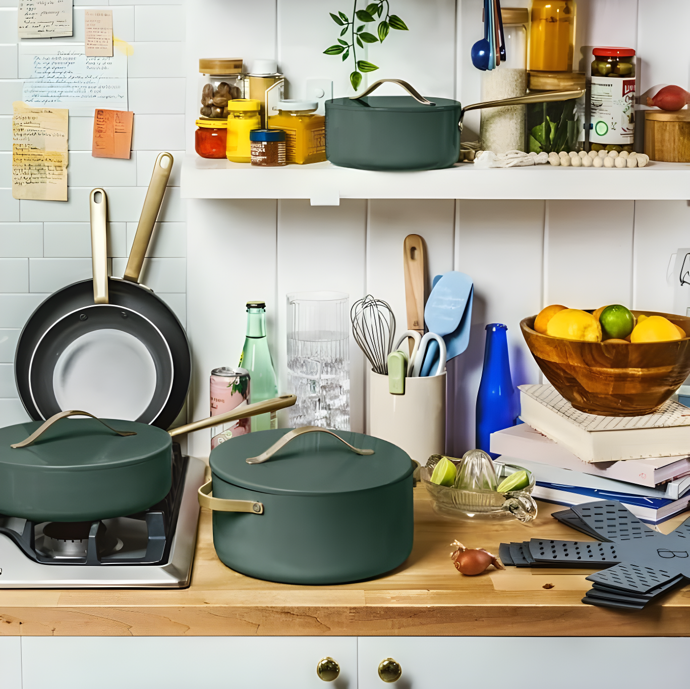 Beautiful 12pc Ceramic Non-Stick Cookware Set, Sage Green by Drew Barrymore