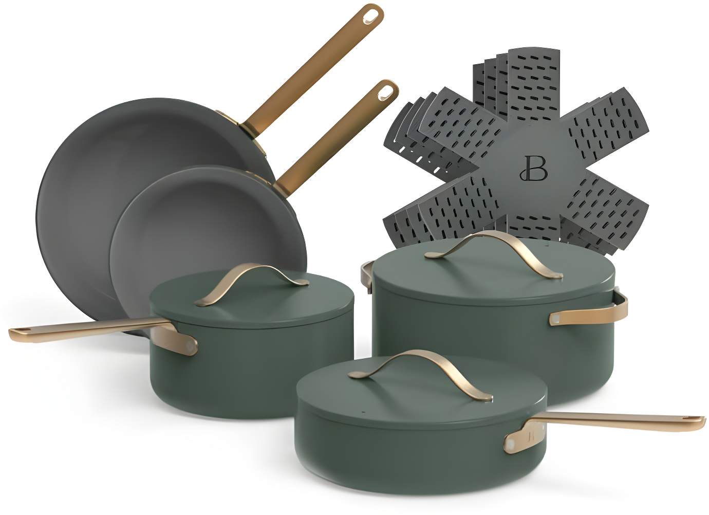 Beautiful 12pc Ceramic Non-Stick Cookware Set, Sage Green by Drew Barrymore
