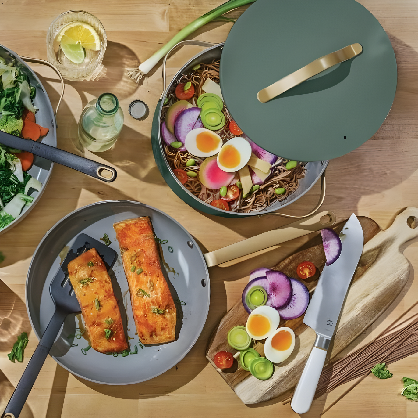 Beautiful 12pc Ceramic Non-Stick Cookware Set, Sage Green by Drew Barrymore