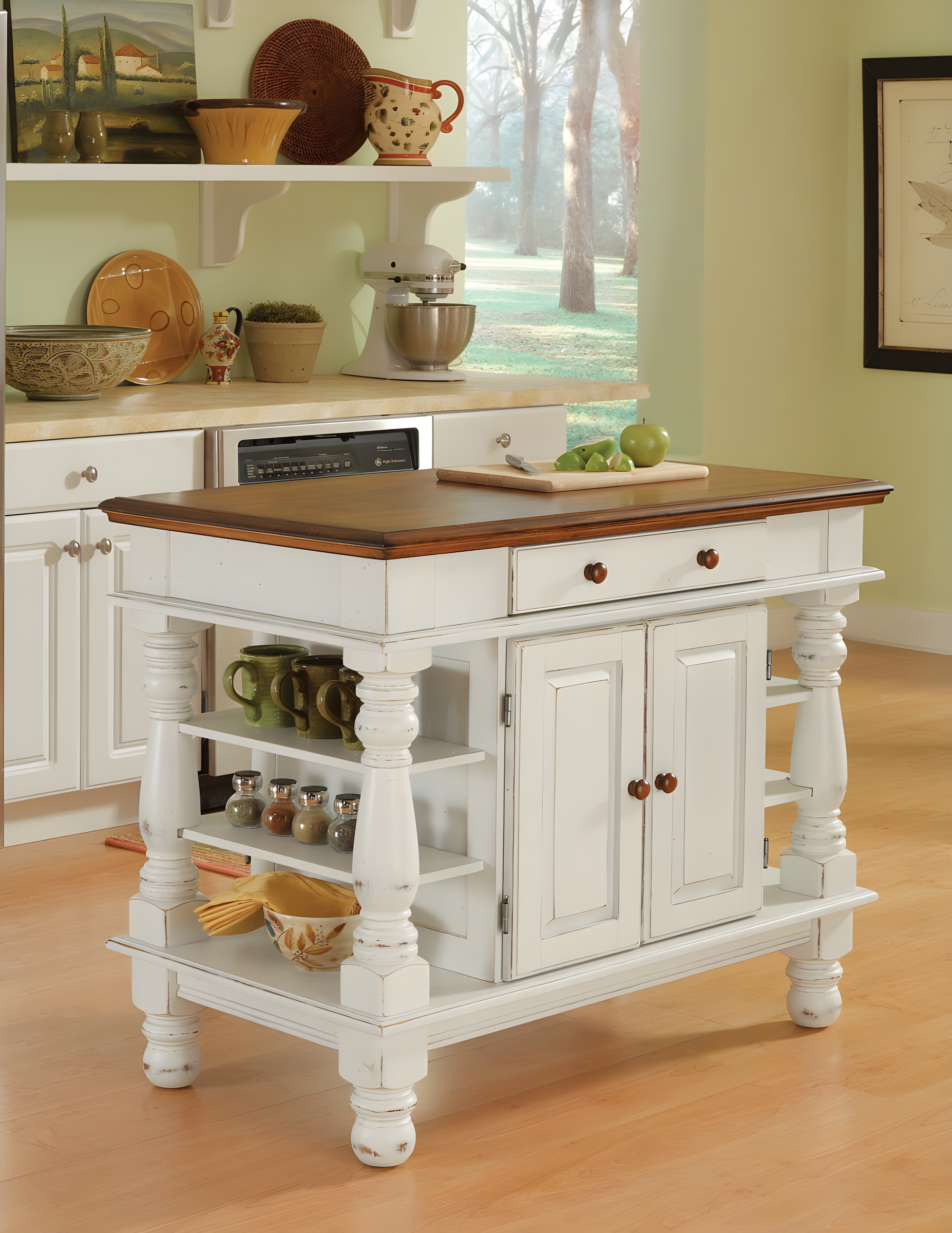 Homestyles Americana Off White Wood Kitchen Island with Storage and Open Shelves
