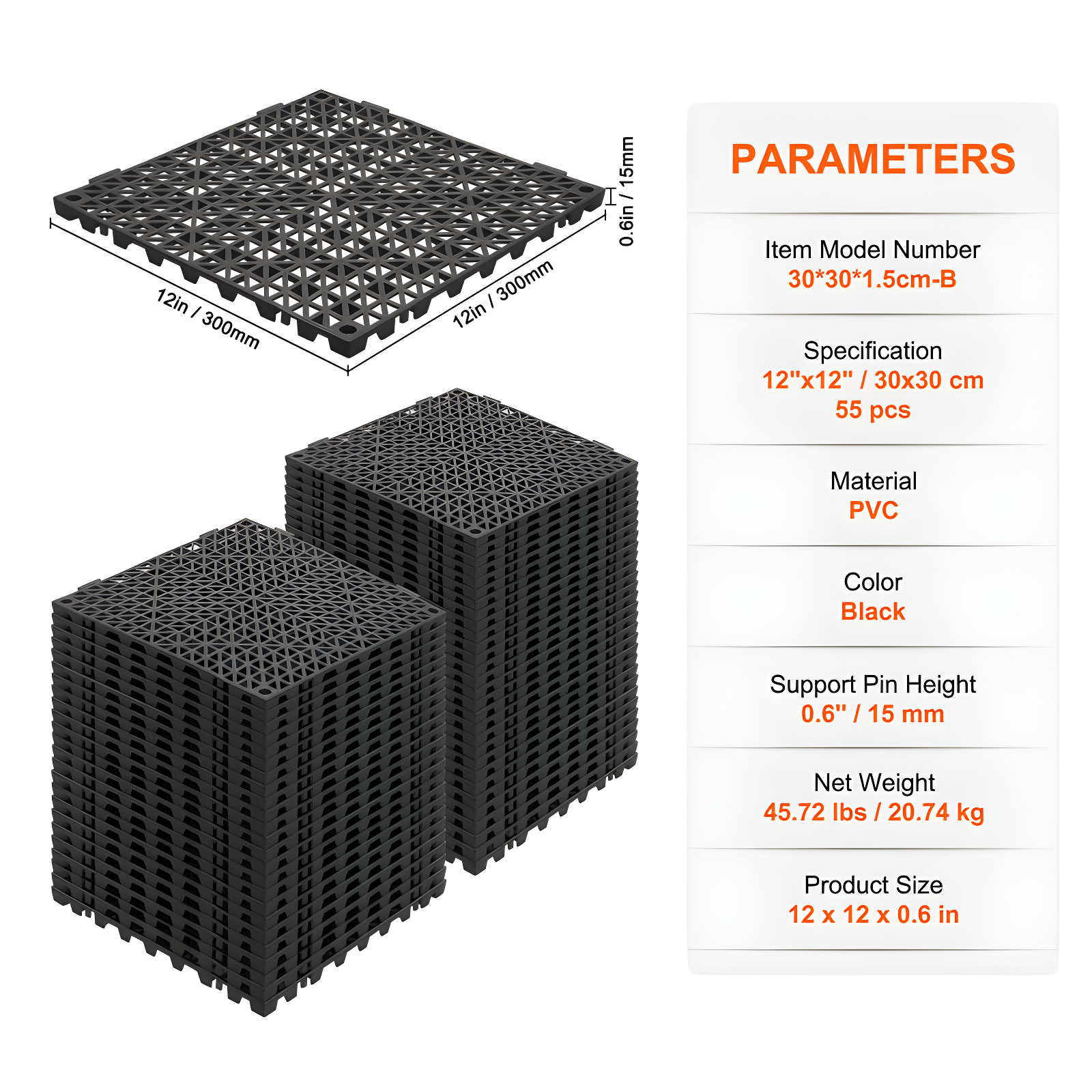 VEVOR VEVOR 12" X 12" Drainage Mats In Different Colors VEVOR 12'' W x 12'' L Garage Flooring Drain Tiles (Set of 55)