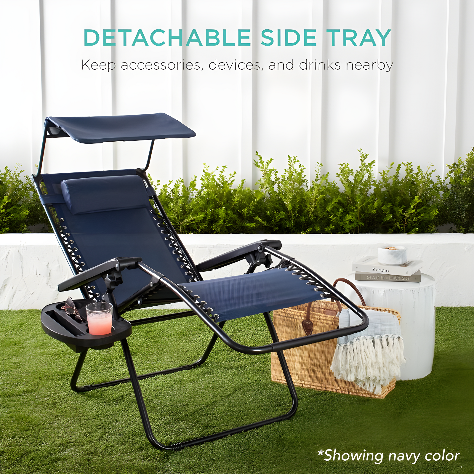 Best Choice Products Folding Zero Gravity Recliner Patio Lounge Chair w/ Canopy Shade, Headrest, Tray - Cobalt Blue