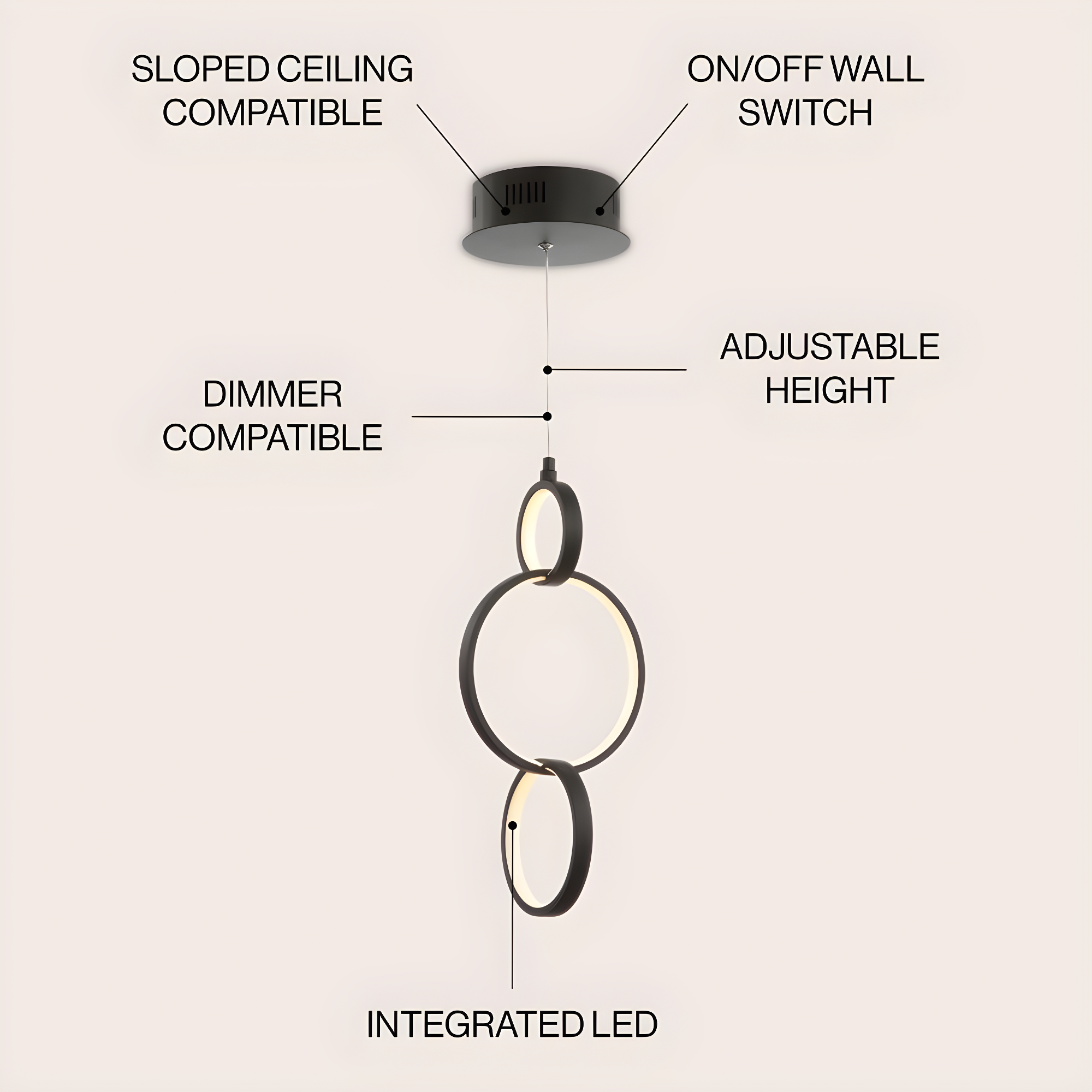 Loop 7.75" Adjustable Integrated LED Metal Ring Pendant, Black