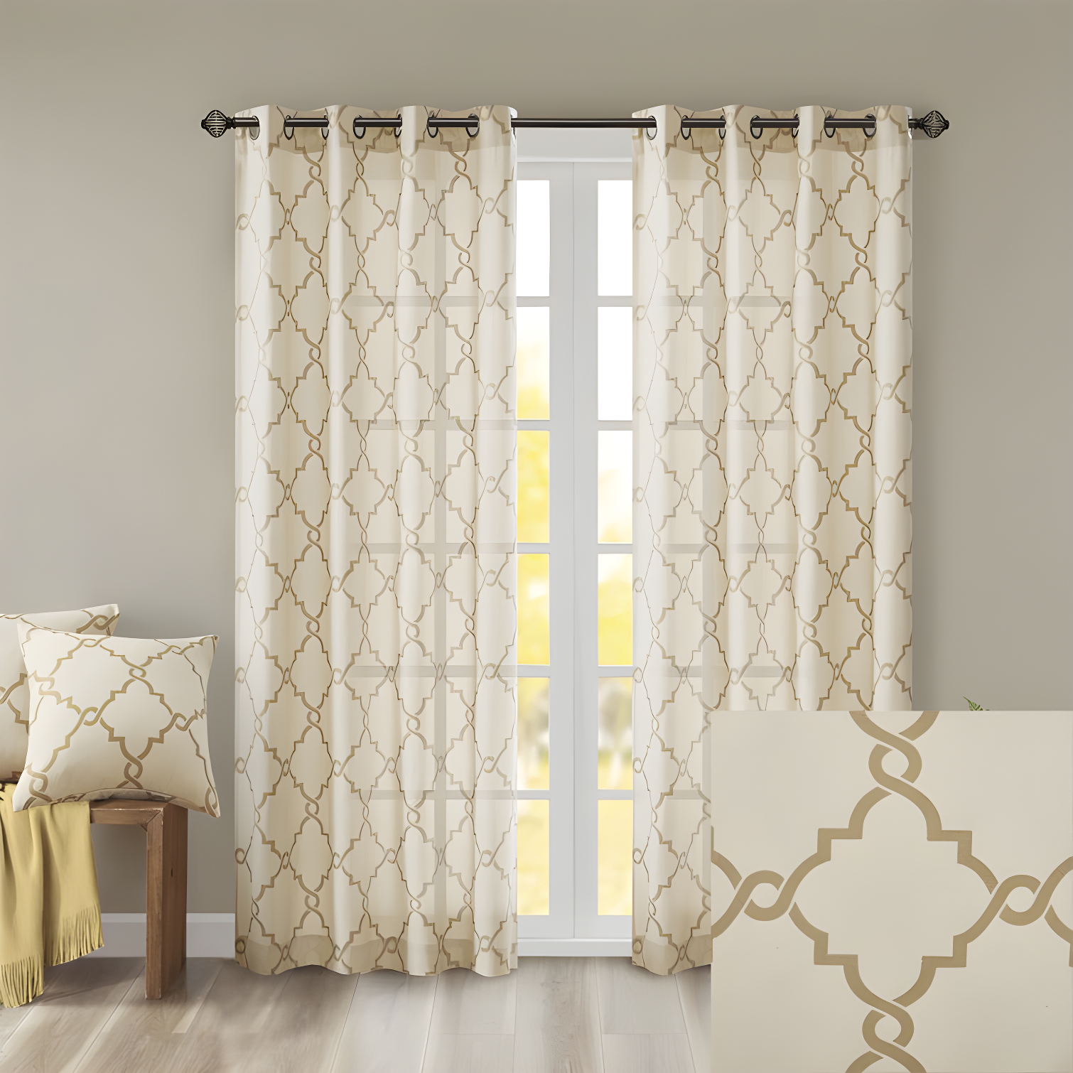 Fretwork Print Grommet Top Window Curtain Panel