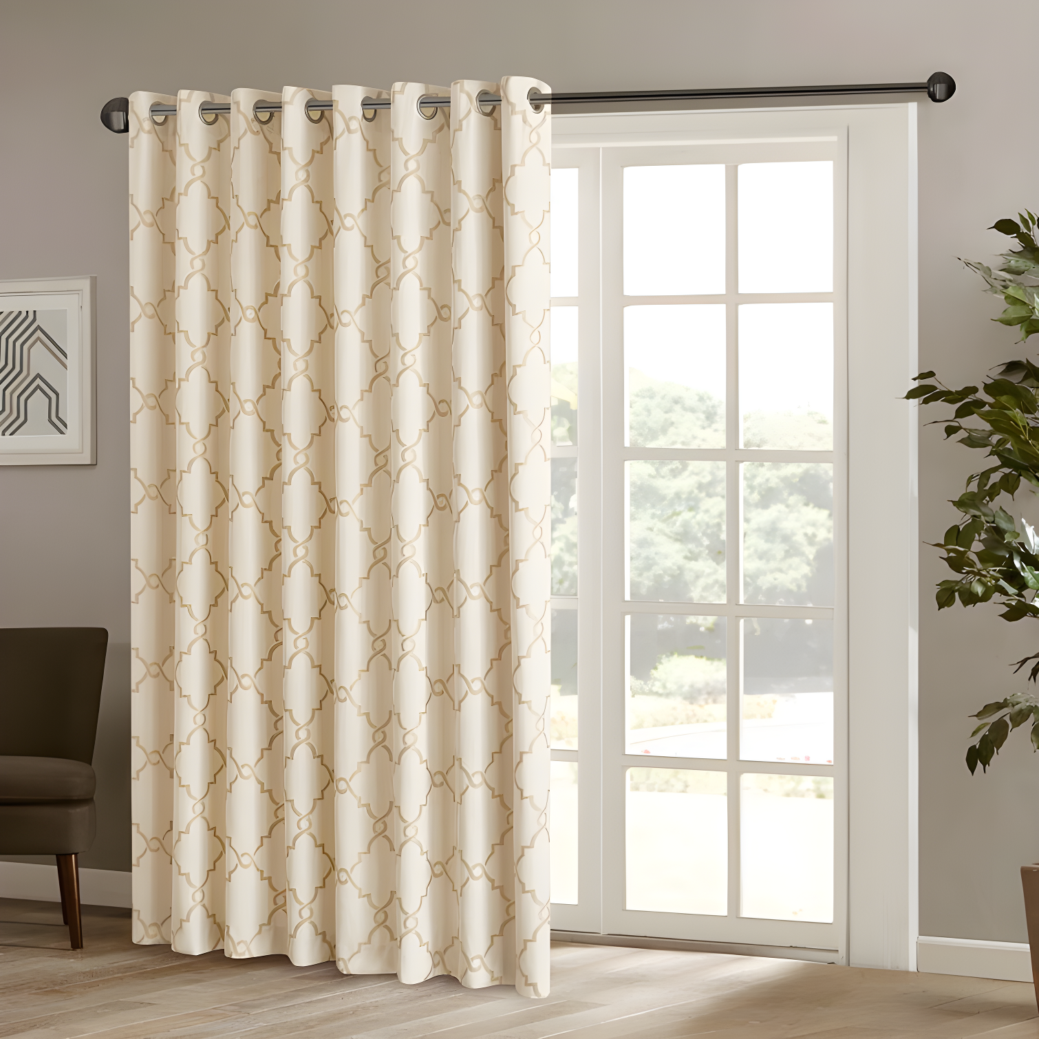 Fretwork Print Grommet Top Window Curtain Panel