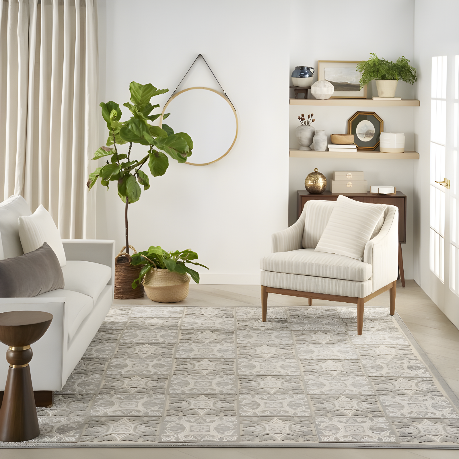 Nourison Aloha Modern Mosaic Flatweave High-Low Indoor Outdoor Area Rug Ivory Grey 6' x 9'