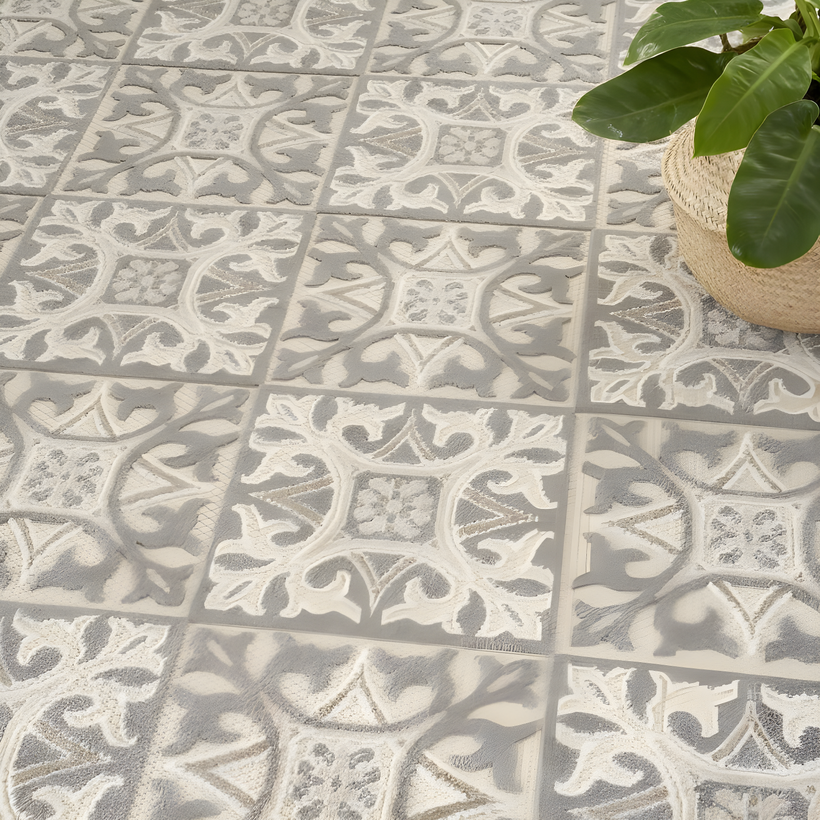 Nourison Aloha Modern Mosaic Flatweave High-Low Indoor Outdoor Area Rug Ivory Grey 6' x 9'