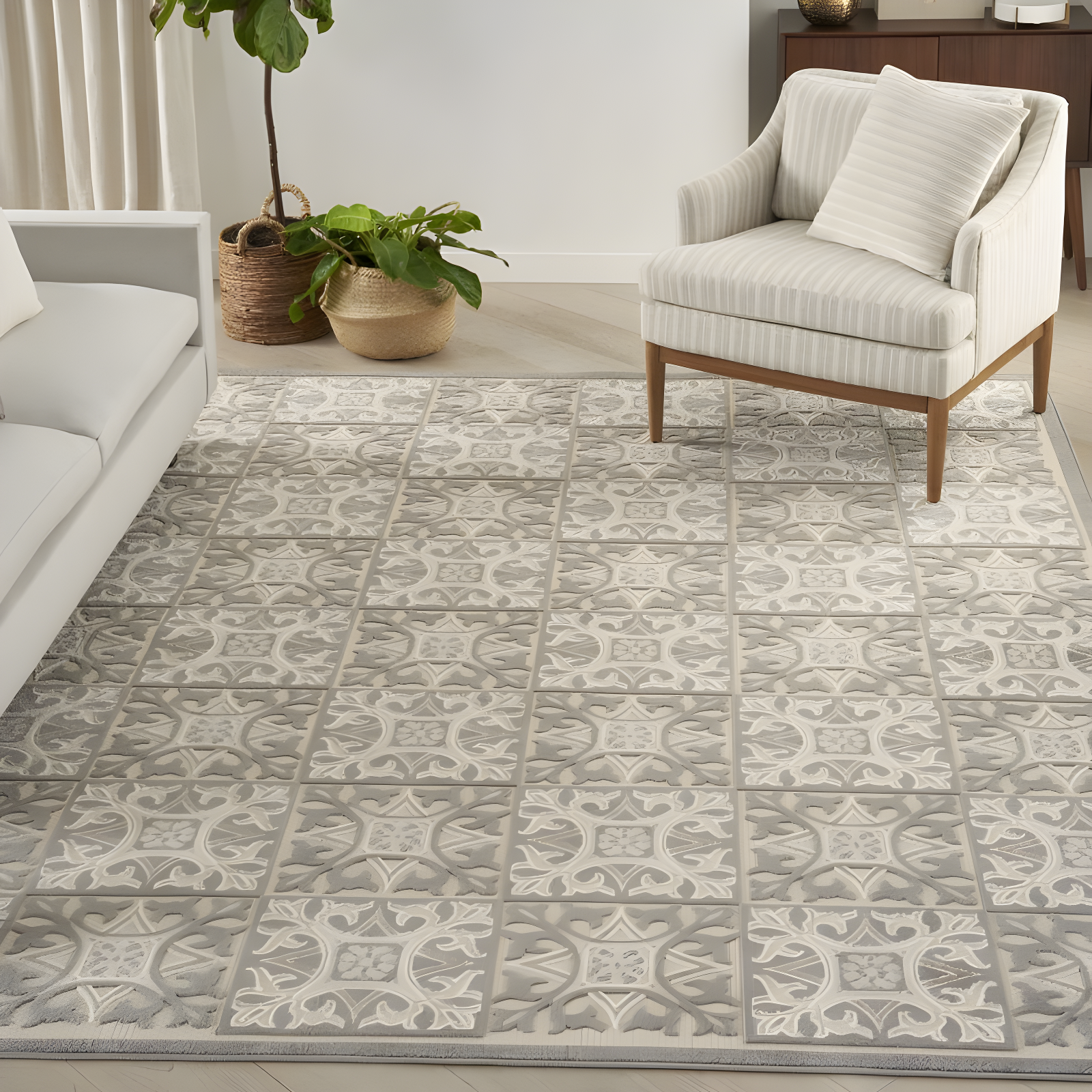 Nourison Aloha Modern Mosaic Flatweave High-Low Indoor Outdoor Area Rug Ivory Grey 6' x 9'