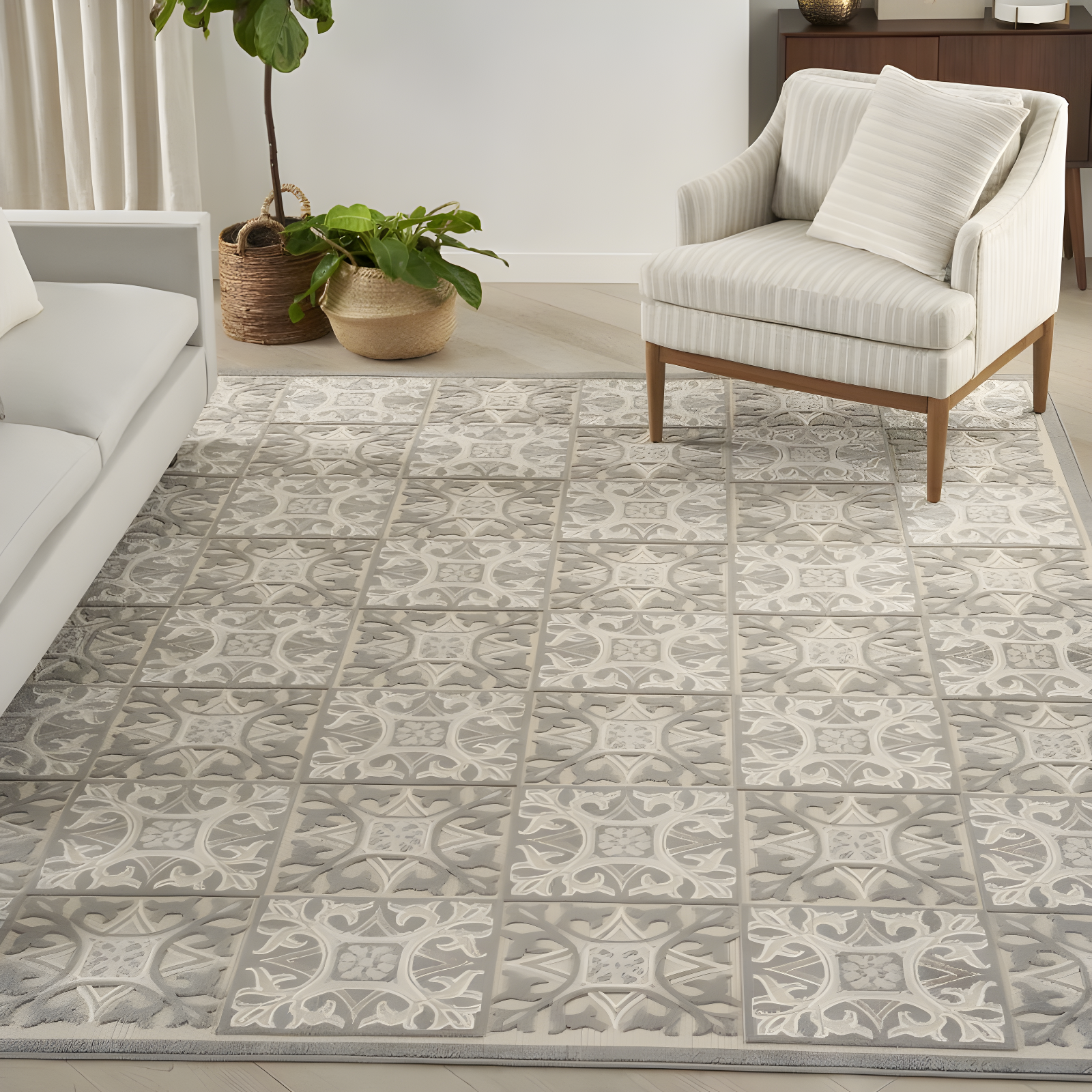 Nourison Aloha Modern Mosaic Flatweave High-Low Indoor Outdoor Area Rug Ivory Grey 6' x 9'