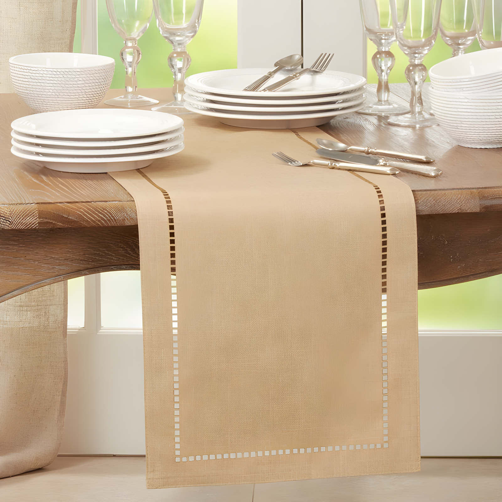 Saro Lifestyle Dining Table Runner With Laser-Cut Hemstitch Design, Natural, 14" x 72"