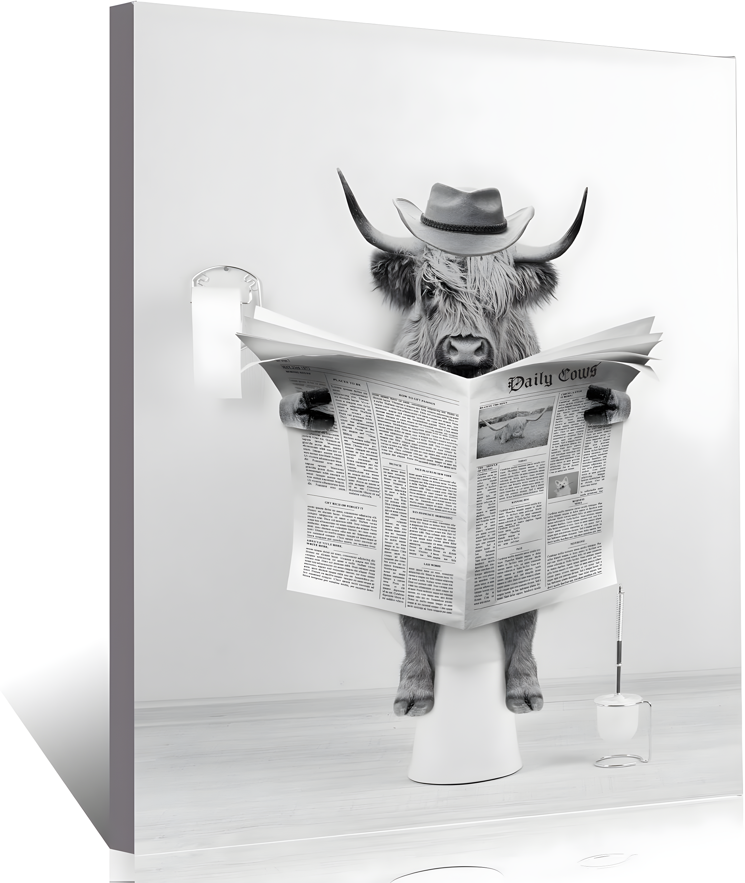 Modern Black Framed Highland Cow Wall Art Minimalist Bathroom Wall Decor Cute Funny Animals Artwork Canvas Prints Ready to Hang for Guest Bathroom, Hotel, Condo, Kids Bathroom, 12”x16”