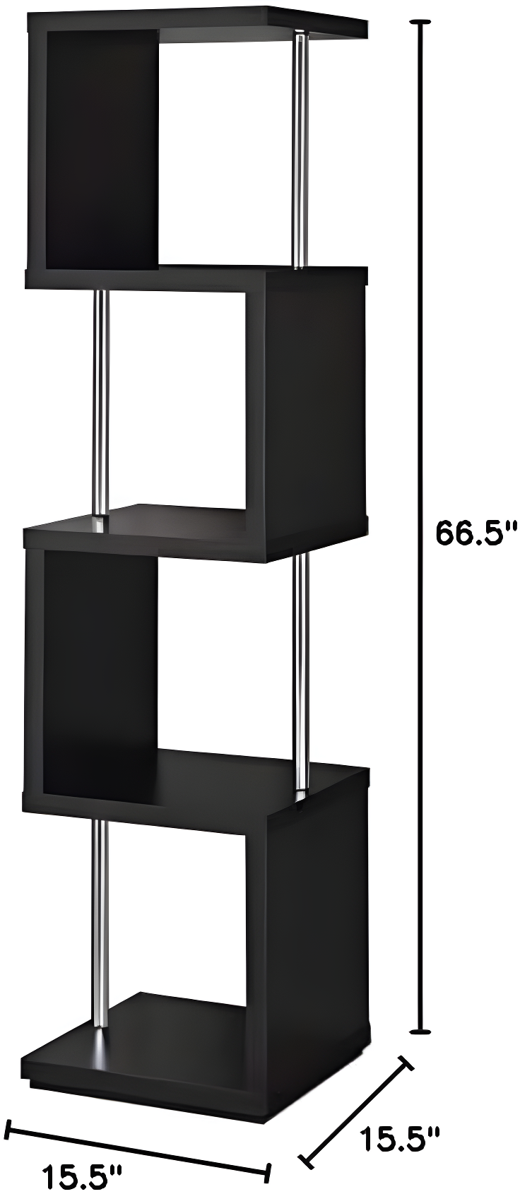 66.5" Baxter 4 Shelf Zig Zag Bookcase with Chrome Details Black - Coaster: Modern Storage Display