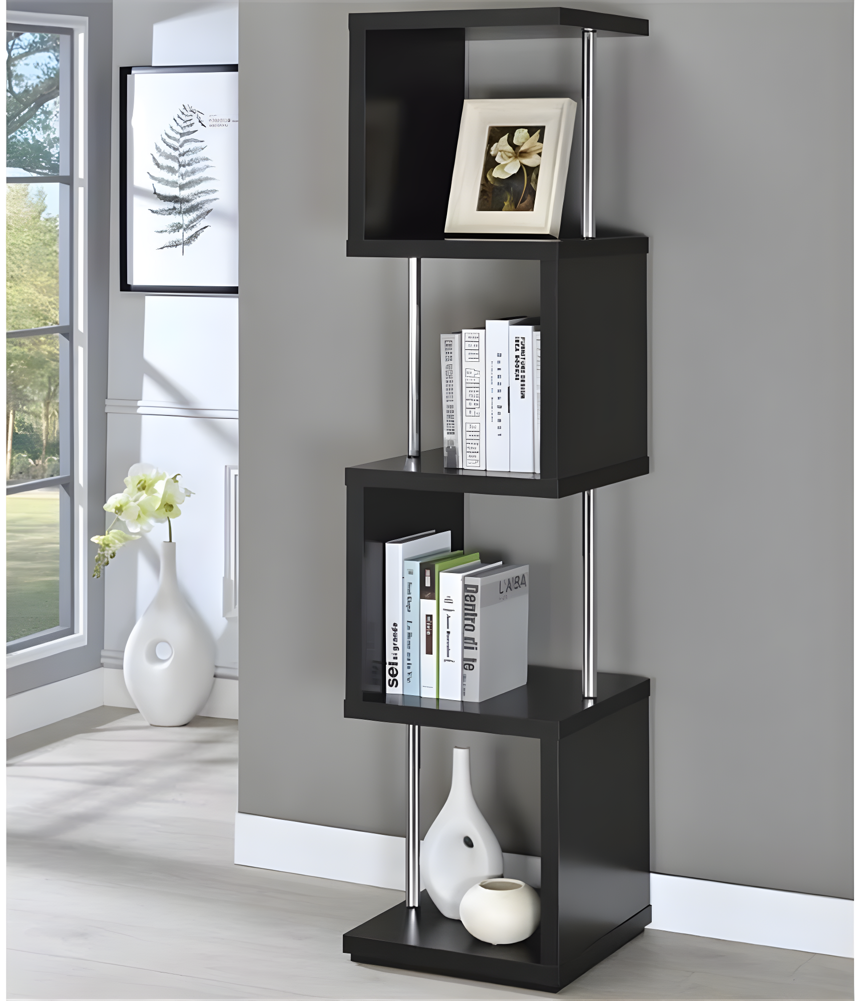 66.5" Baxter 4 Shelf Zig Zag Bookcase with Chrome Details Black - Coaster: Modern Storage Display