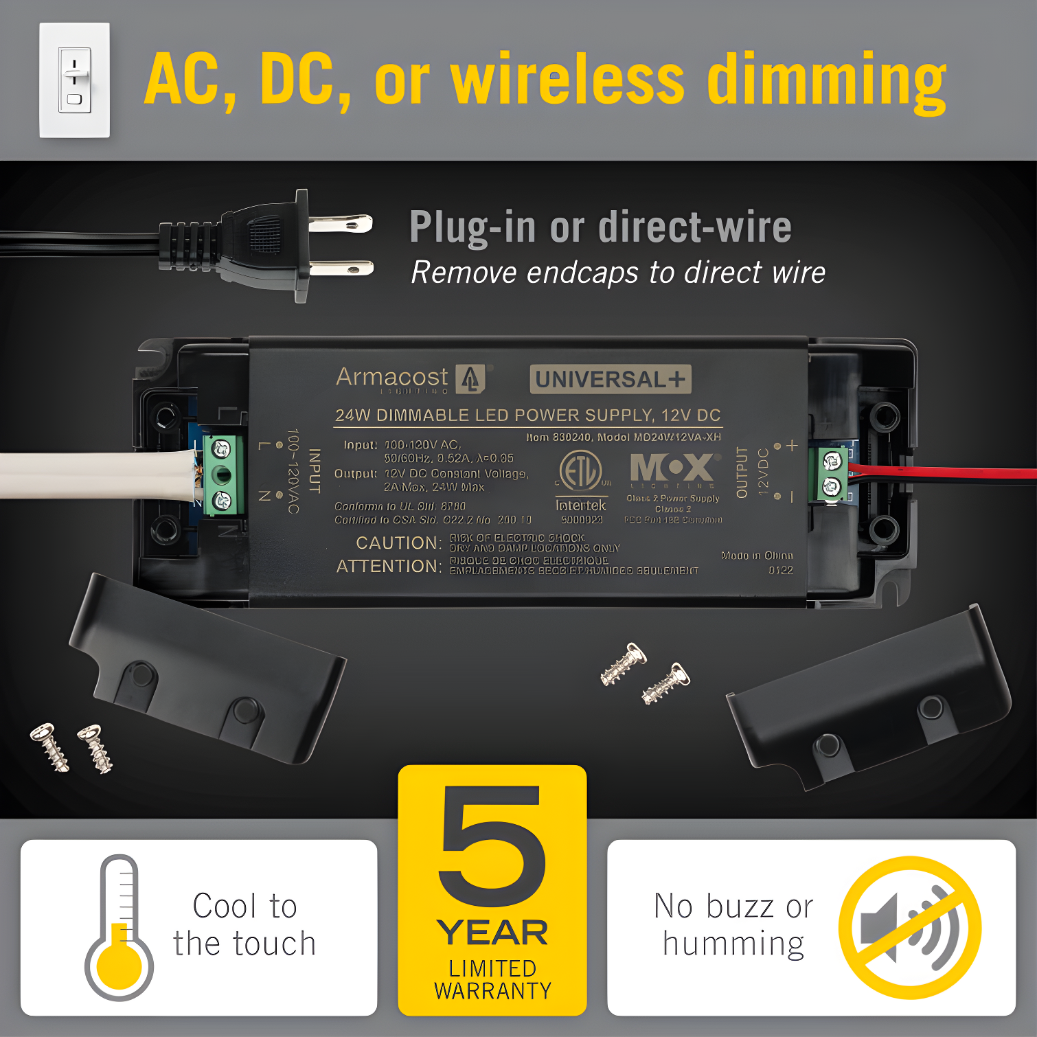 Armacost Lighting Universal+ Dimmable LED Driver 12V DC, 60W Electronic Transformer ELV/MLV/TRIAC 830240