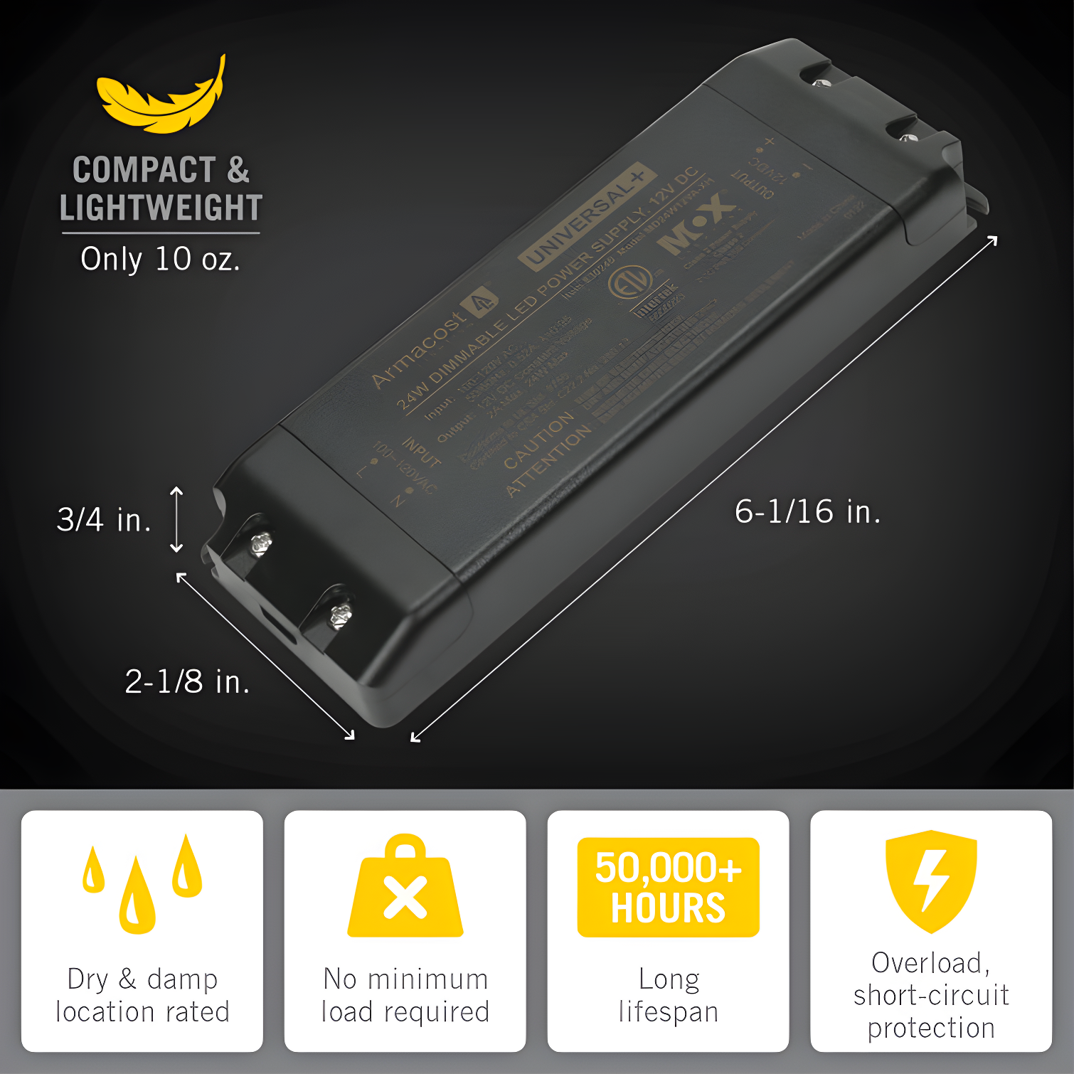 Armacost Lighting Universal+ Dimmable LED Driver 12V DC, 60W Electronic Transformer ELV/MLV/TRIAC 830240
