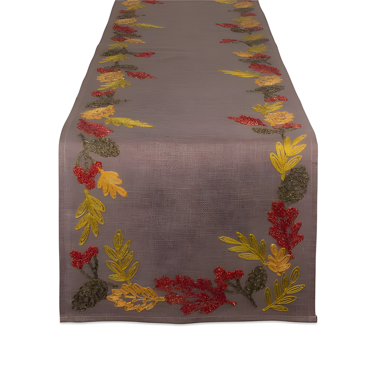 DII 70x14" Polyester Fabric Shimmering Leaves Embroidered Table Runner in Brown
