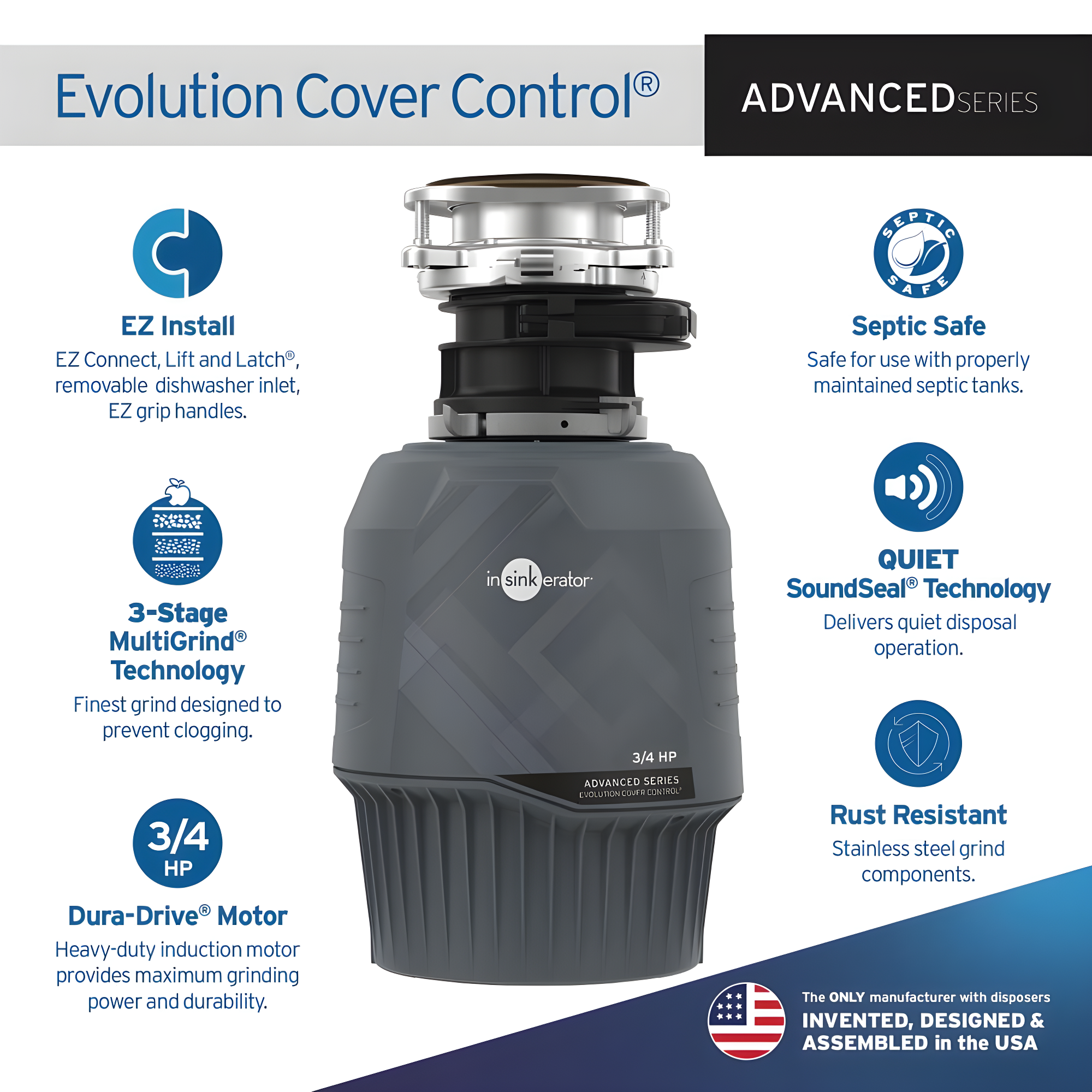 InSinkErator Evolution Cover Control 3/4 HP Garbage Disposal, Advanced Series Batch Feed Food Waste Disposer