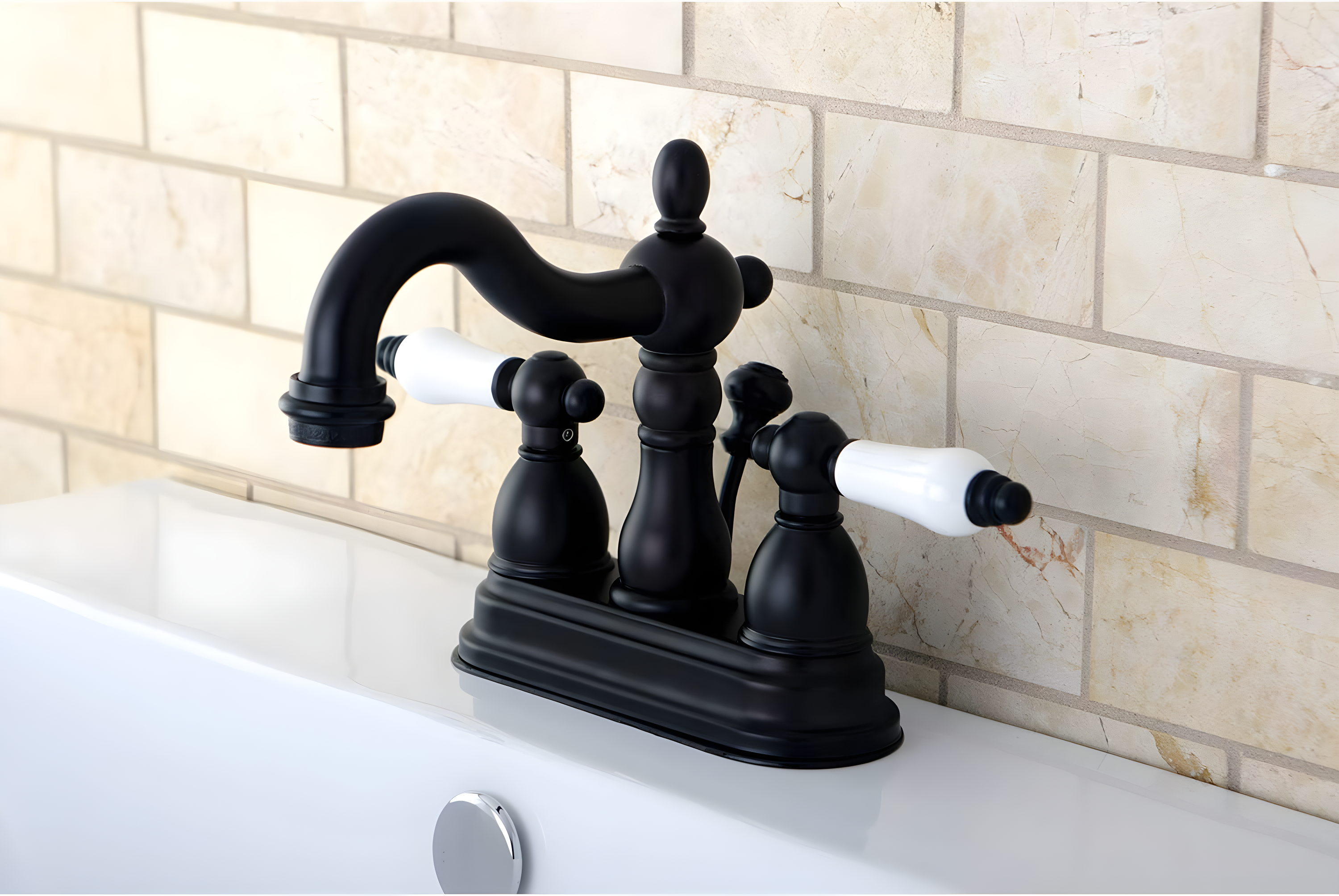 Kingston Brass Heritage Two-Handle 3-Hole Deck Mount 4" Centerset Bathroom Faucet with Plastic Pop-Up