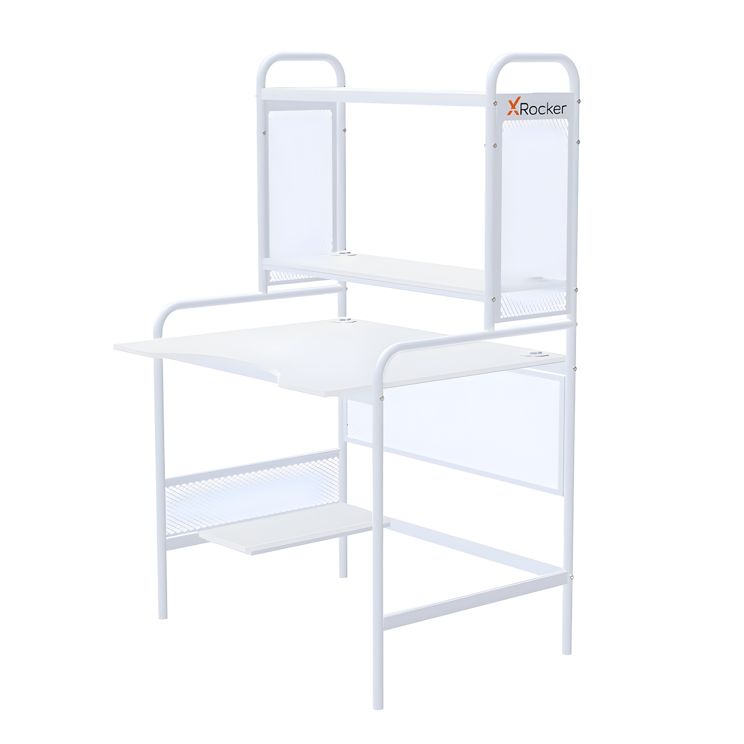 X Rocker iCarus Mesh Gaming Desk with Wood Desktop White: Steel Frame, Open Storage Shelf