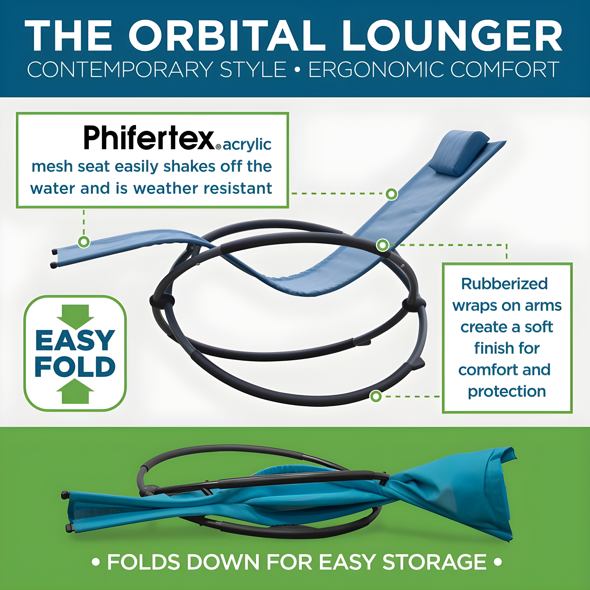 The Hamptons Collection 60” Blue Outdoor Aluminum Orbital Lounge Chair with a Pillow