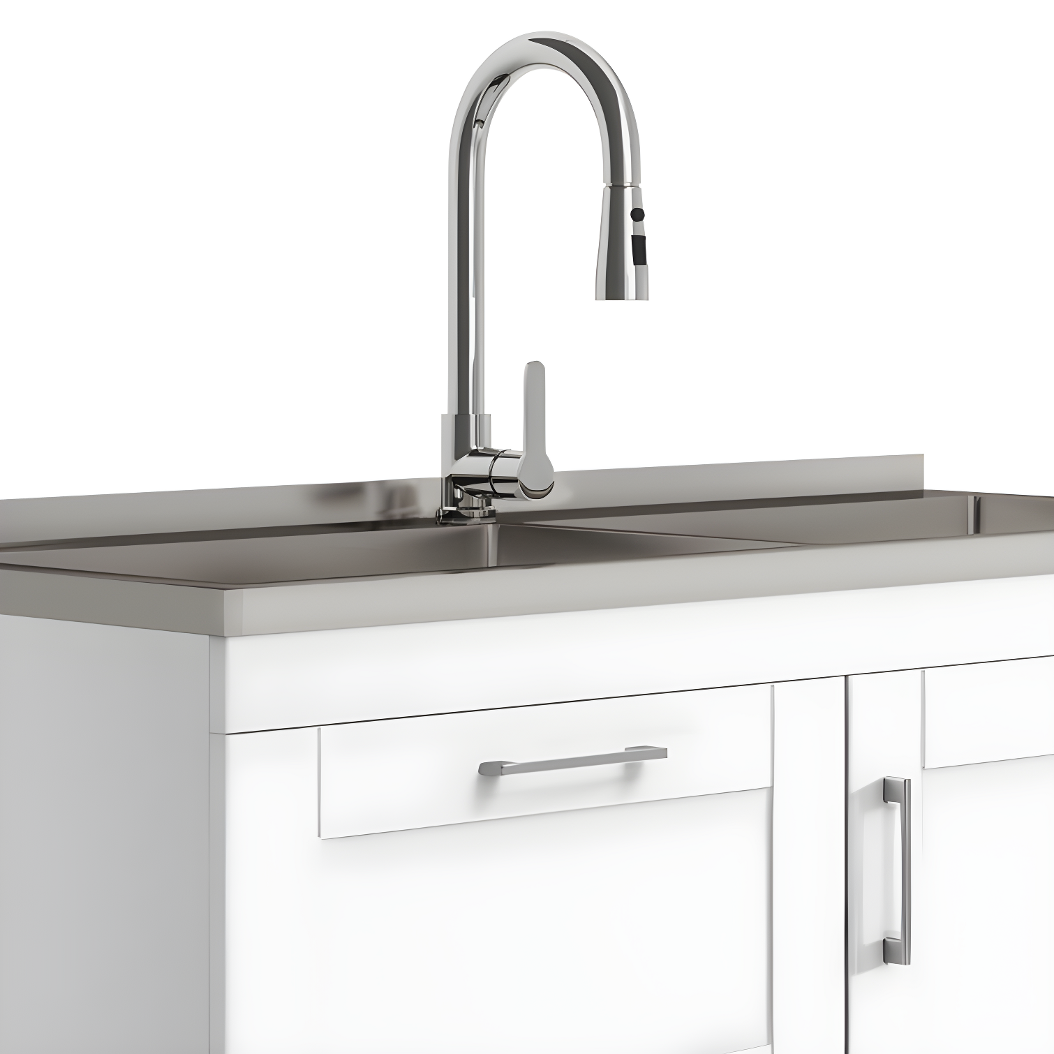 Modern Wide Shaker 46"W Utility Sink & Laundry Cabinet with High-Arc Facet and Stainless Steel Sink, White