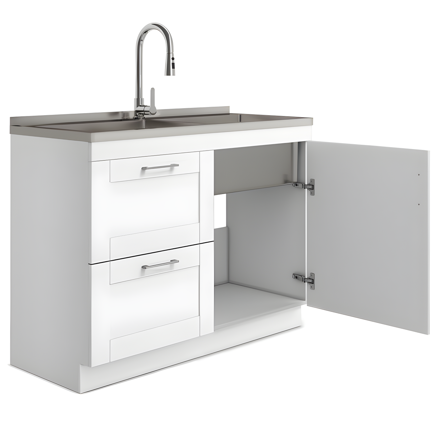 Modern Wide Shaker 46"W Utility Sink & Laundry Cabinet with High-Arc Facet and Stainless Steel Sink, White