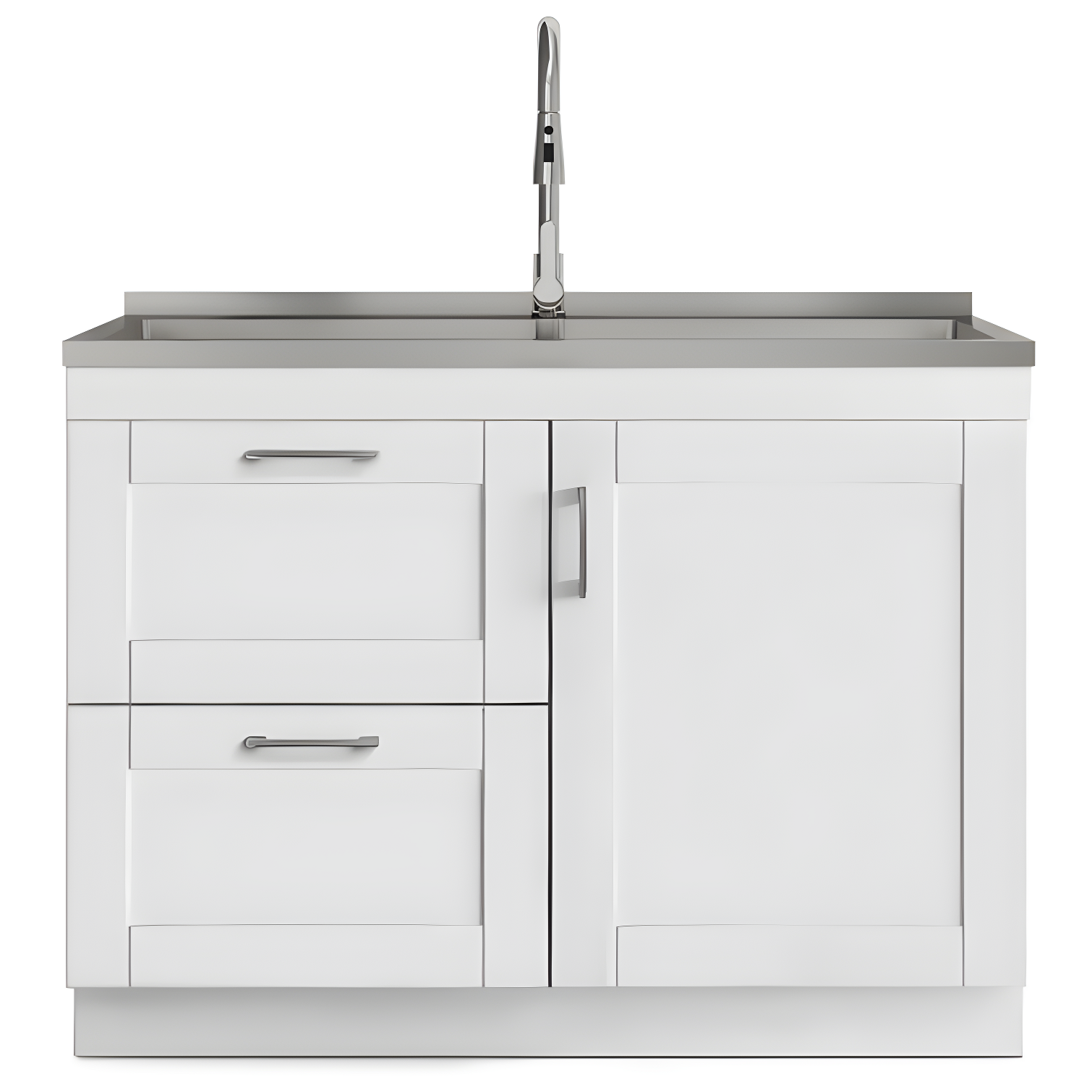 Modern Wide Shaker 46"W Utility Sink & Laundry Cabinet with High-Arc Facet and Stainless Steel Sink, White