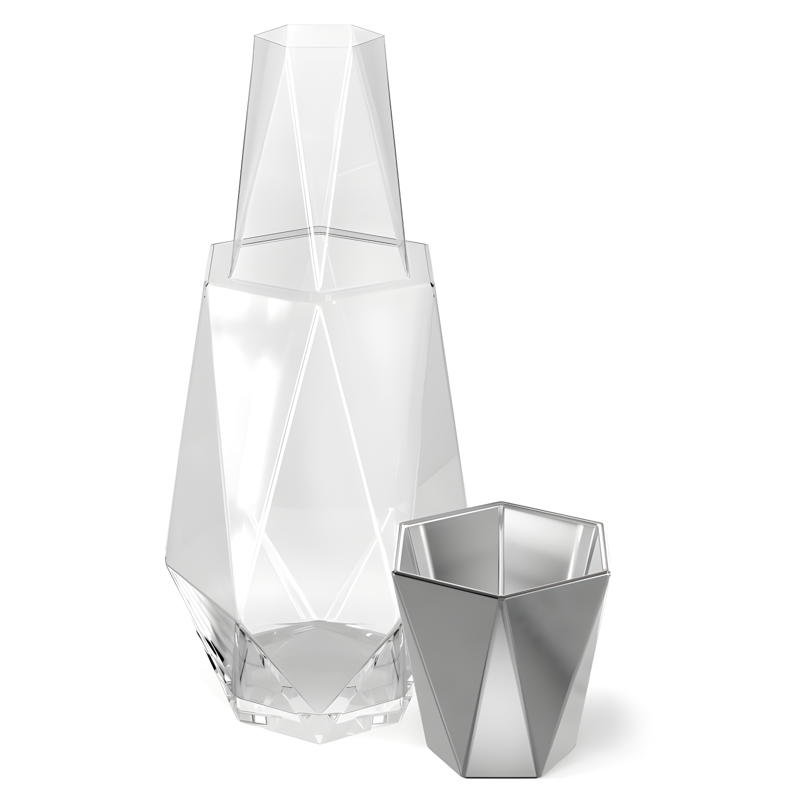 Fifth Avenue Crystal Geometric Bedside Night Water Carafe and Tumbler Lid, 2-Piece,Silver