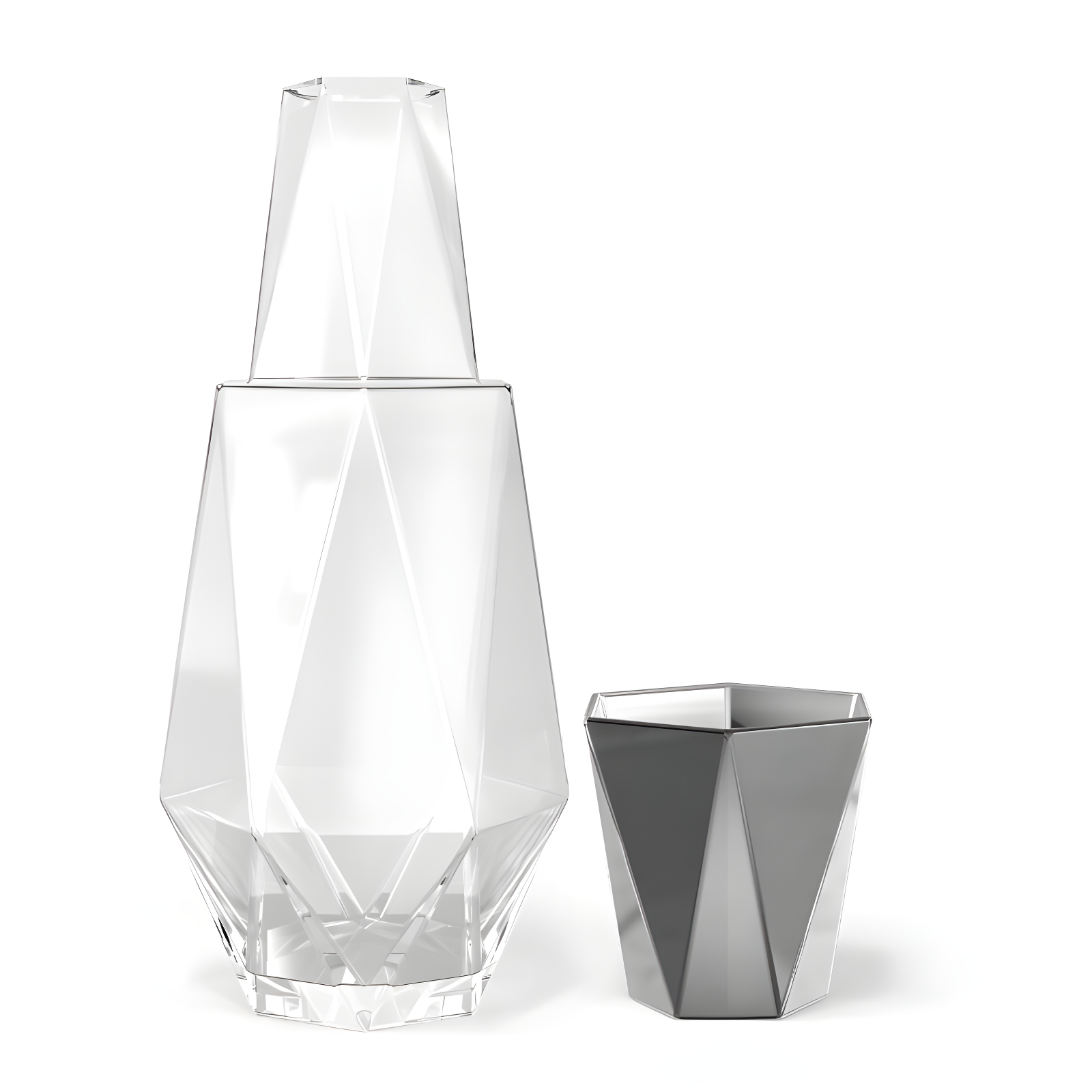 Fifth Avenue Crystal Geometric Bedside Night Water Carafe and Tumbler Lid, 2-Piece,Silver