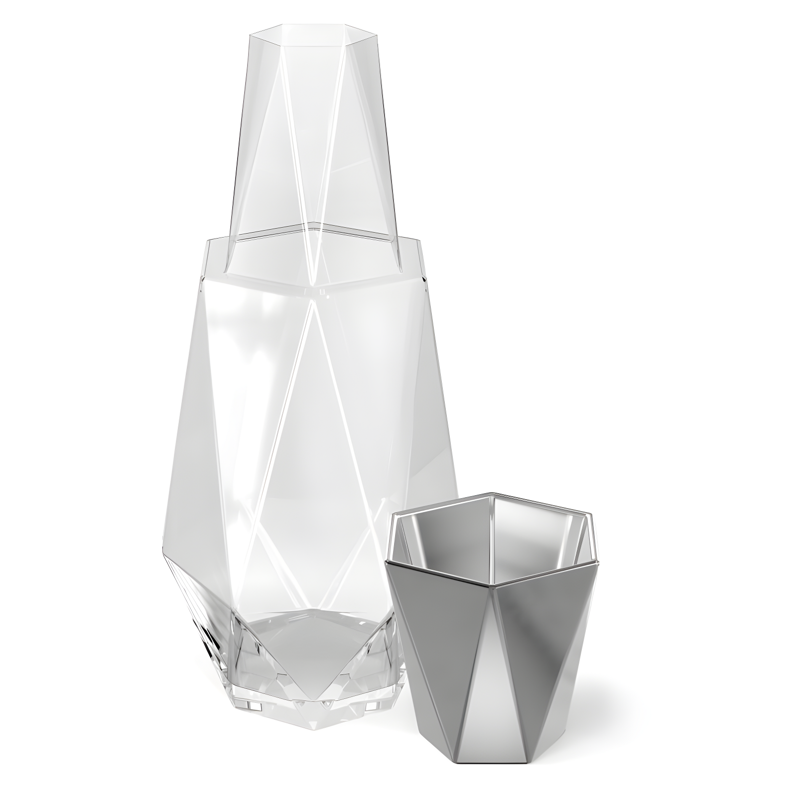 Fifth Avenue Crystal Geometric Bedside Night Water Carafe and Tumbler Lid, 2-Piece,Silver