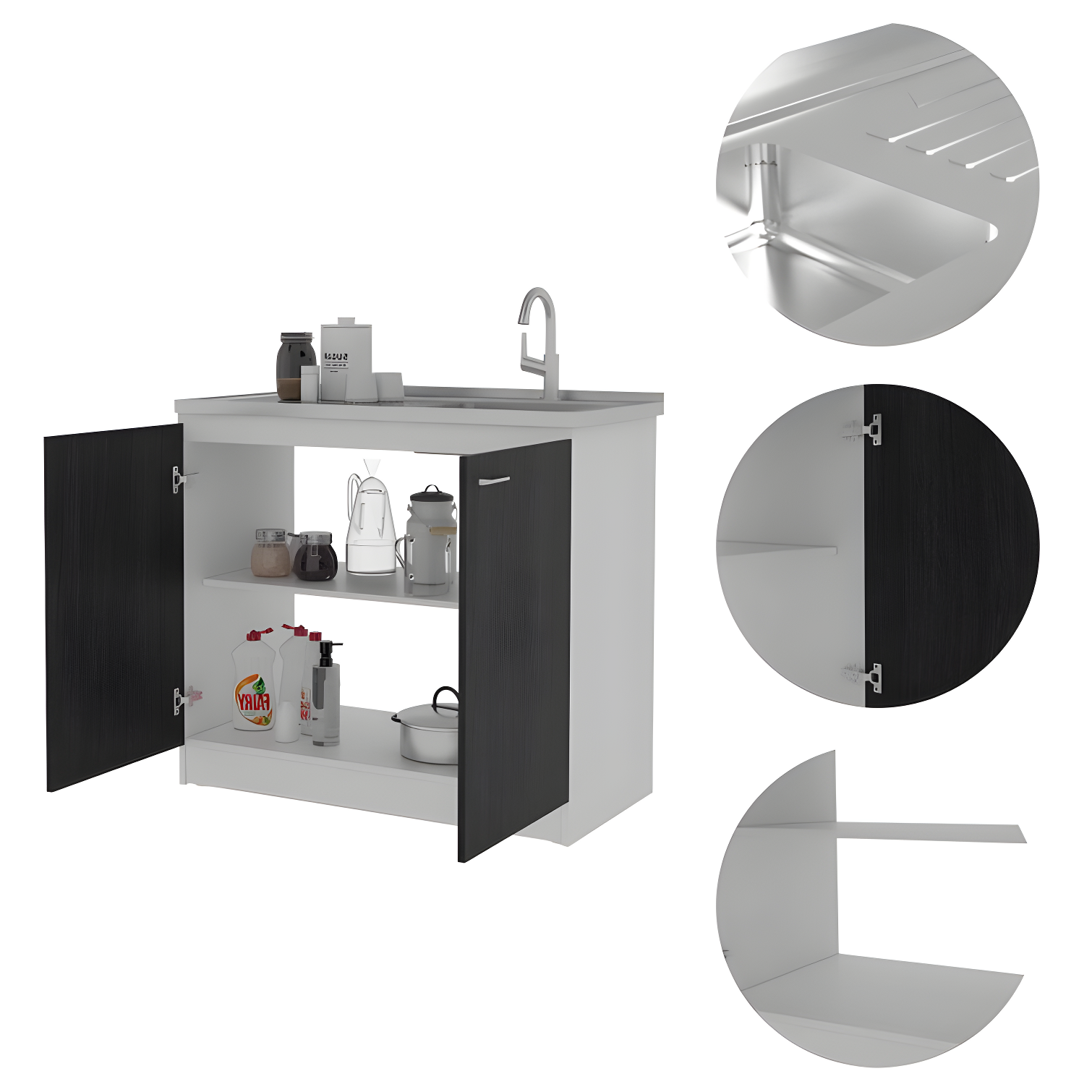 Napoles Utility Sink Cabinet With Integrated Steel Sink, Dark Walnut Frame