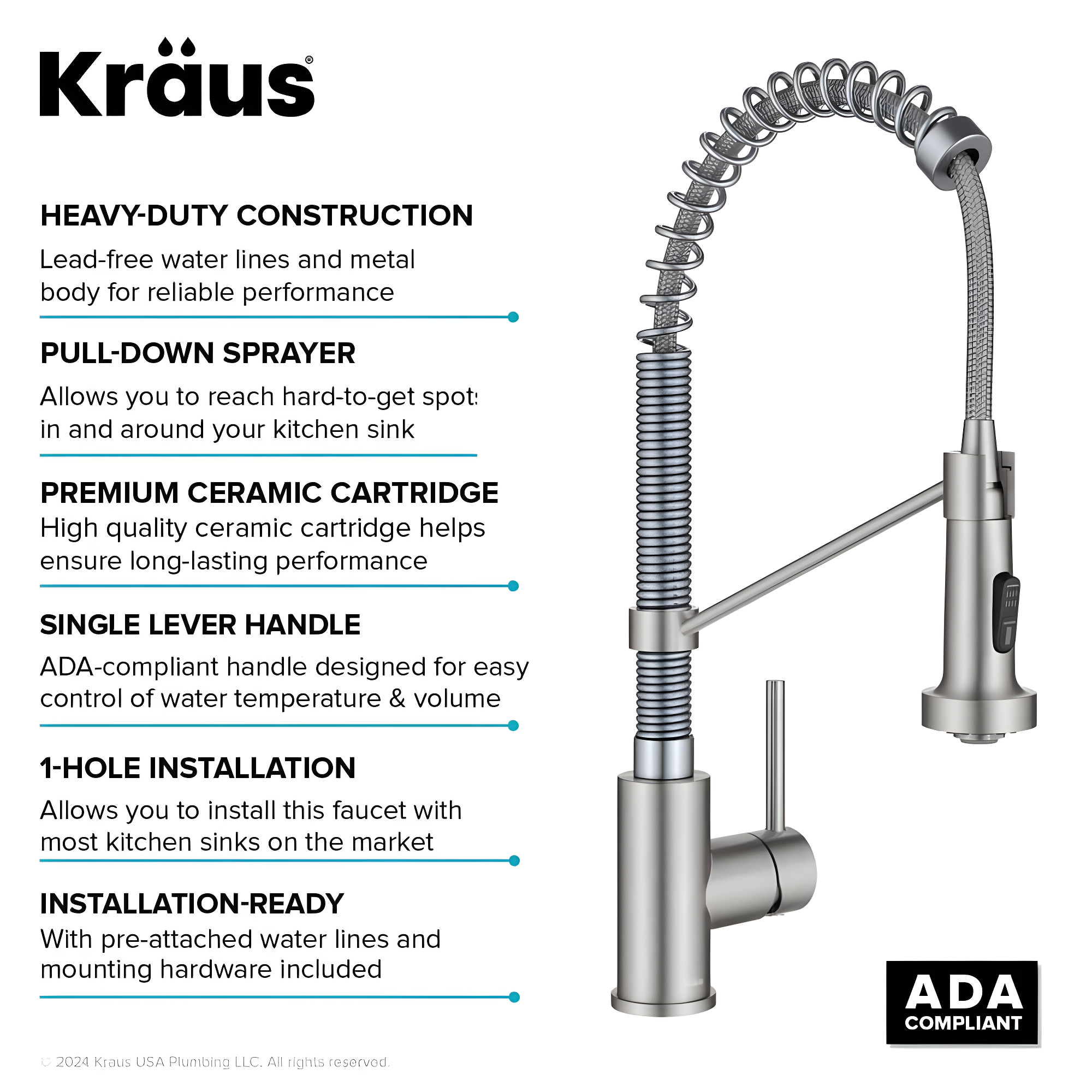 KRAUS Bolden Commercial Style 2-Function Single Handle Pull Down Kitchen Faucet