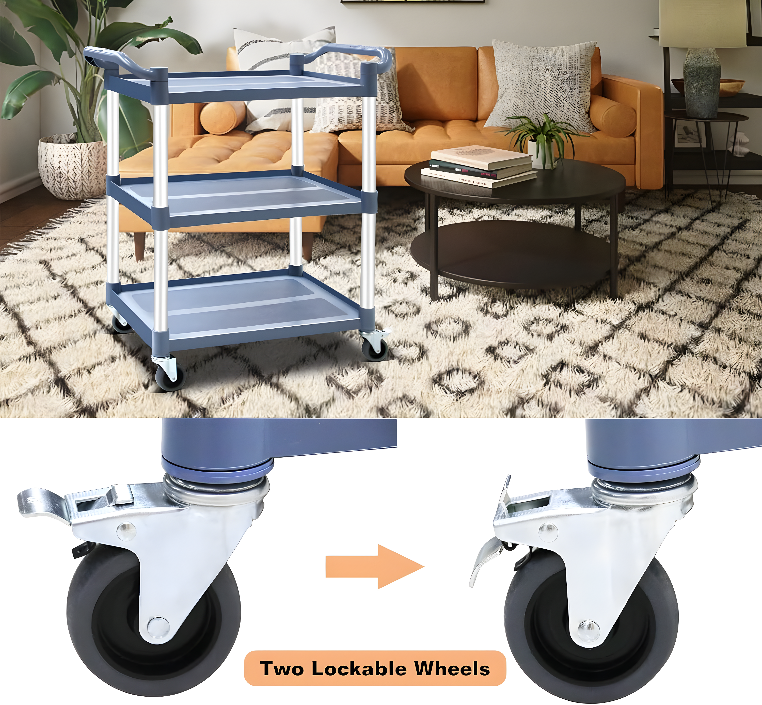 Service Cart Heavy Duty 3-Shelf Rolling Utility/Push Cart with Lockable Wheels, 360 lbs. Capacity, for Foodservice/Restaurant/Cleaning