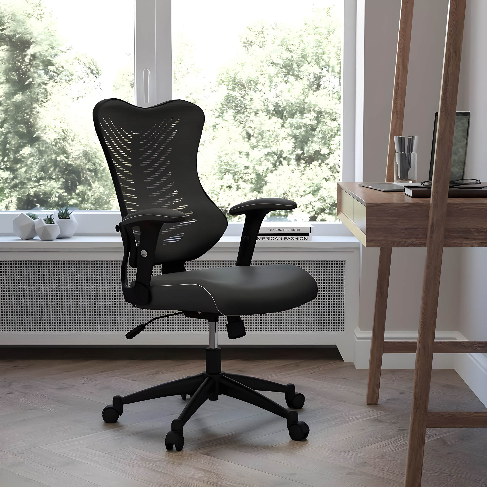 Flash Furniture High Back Designer Black Mesh Executive Swivel Ergonomic Office Chair with LeatherSoft Seat and Adjustable Arms