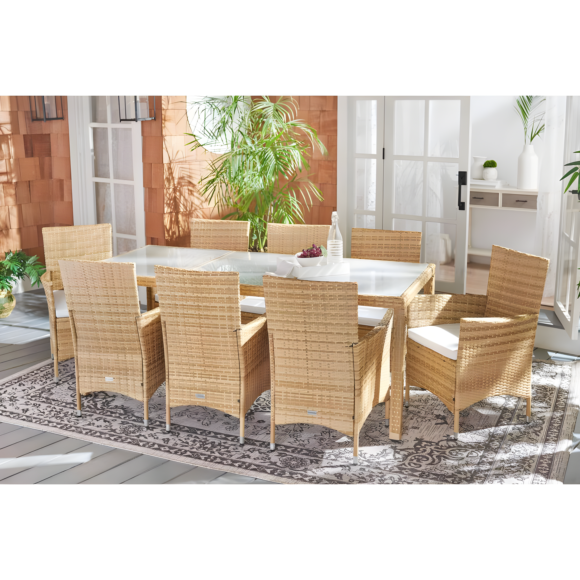 Safavieh Hailee 8 - Person Wicker Patio Dining Set with Rectangular Table , Cushions Included