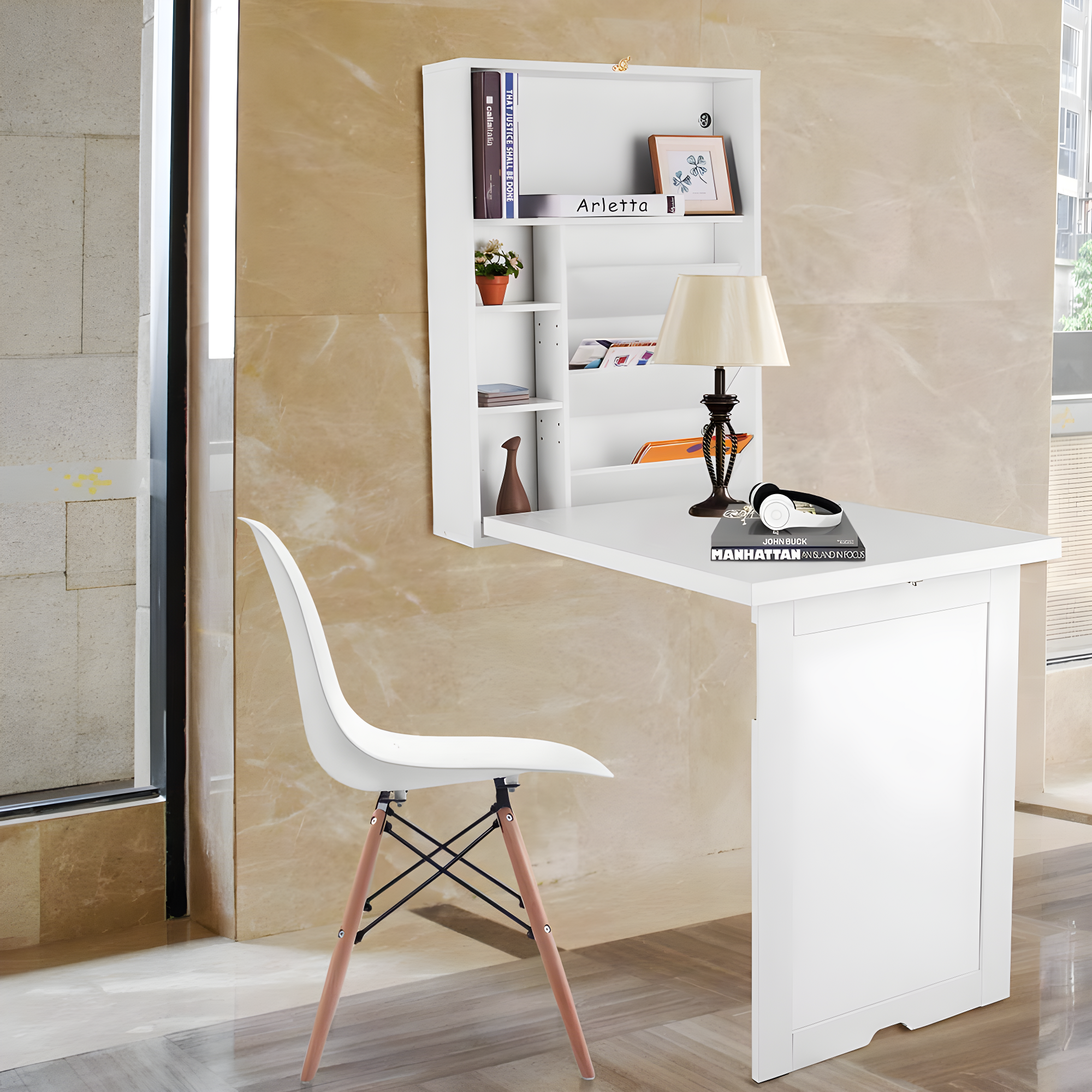 Resenkos Wall Mounted Fold-Out Convertible Floating Desk Space Saver-White
