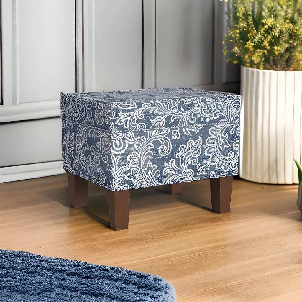 Medium Storage Ottoman Denim - HomePop: Upholstered Footstool, Botanical Pattern, Hardwood Frame