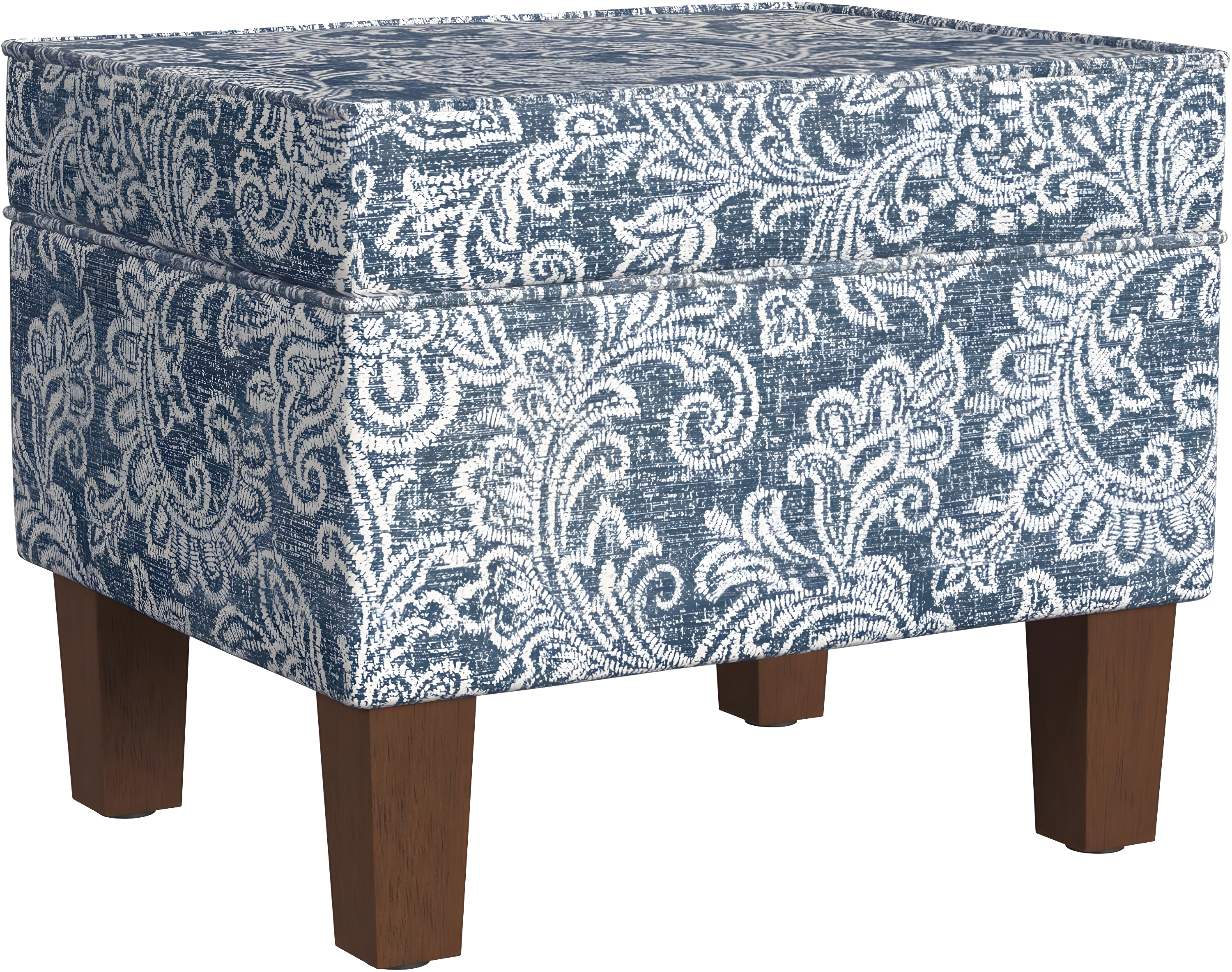 Medium Storage Ottoman Denim - HomePop: Upholstered Footstool, Botanical Pattern, Hardwood Frame