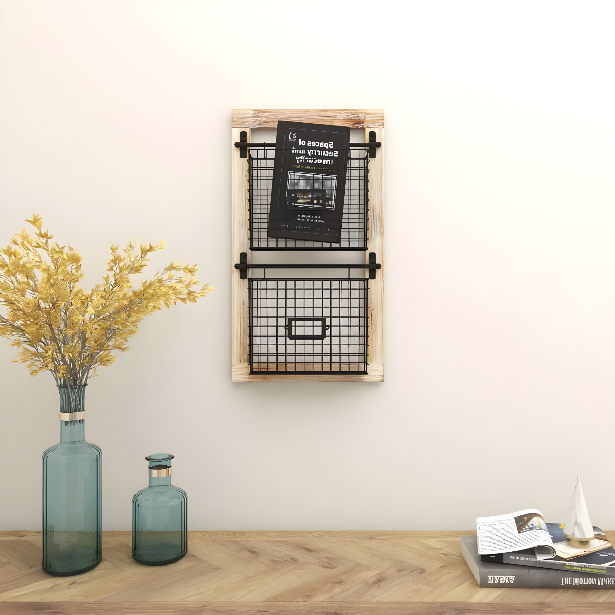 DecMode 25" Black Metal 2 Slot Suspended Wire Basket Magazine Rack Holder with Suspended Baskets and Label Slot